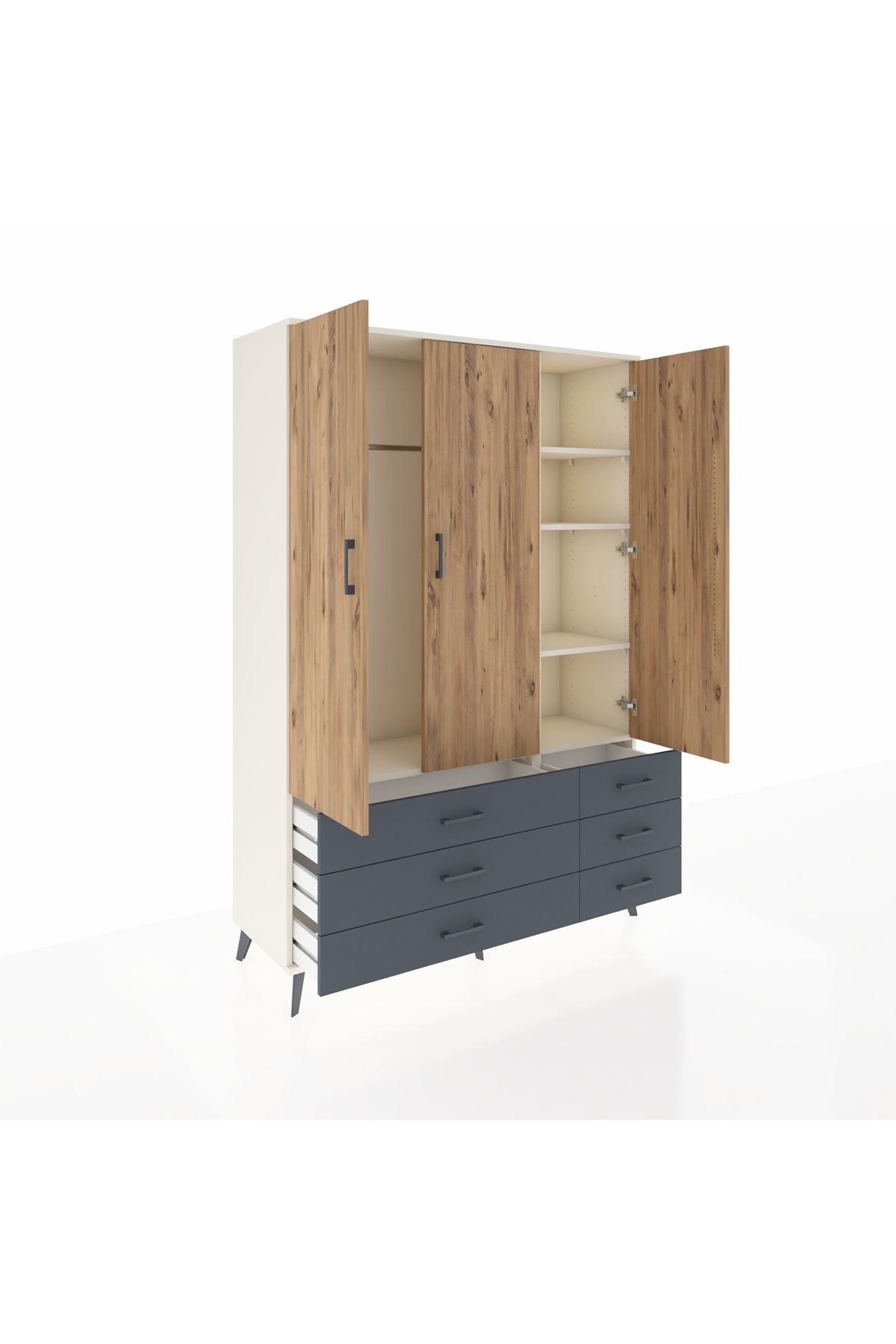 Hyperion Dolap 5 Raflı 6 Çekmeceli Tek Askılı 132x44x195 Aytaşı-Çam/Antrasit