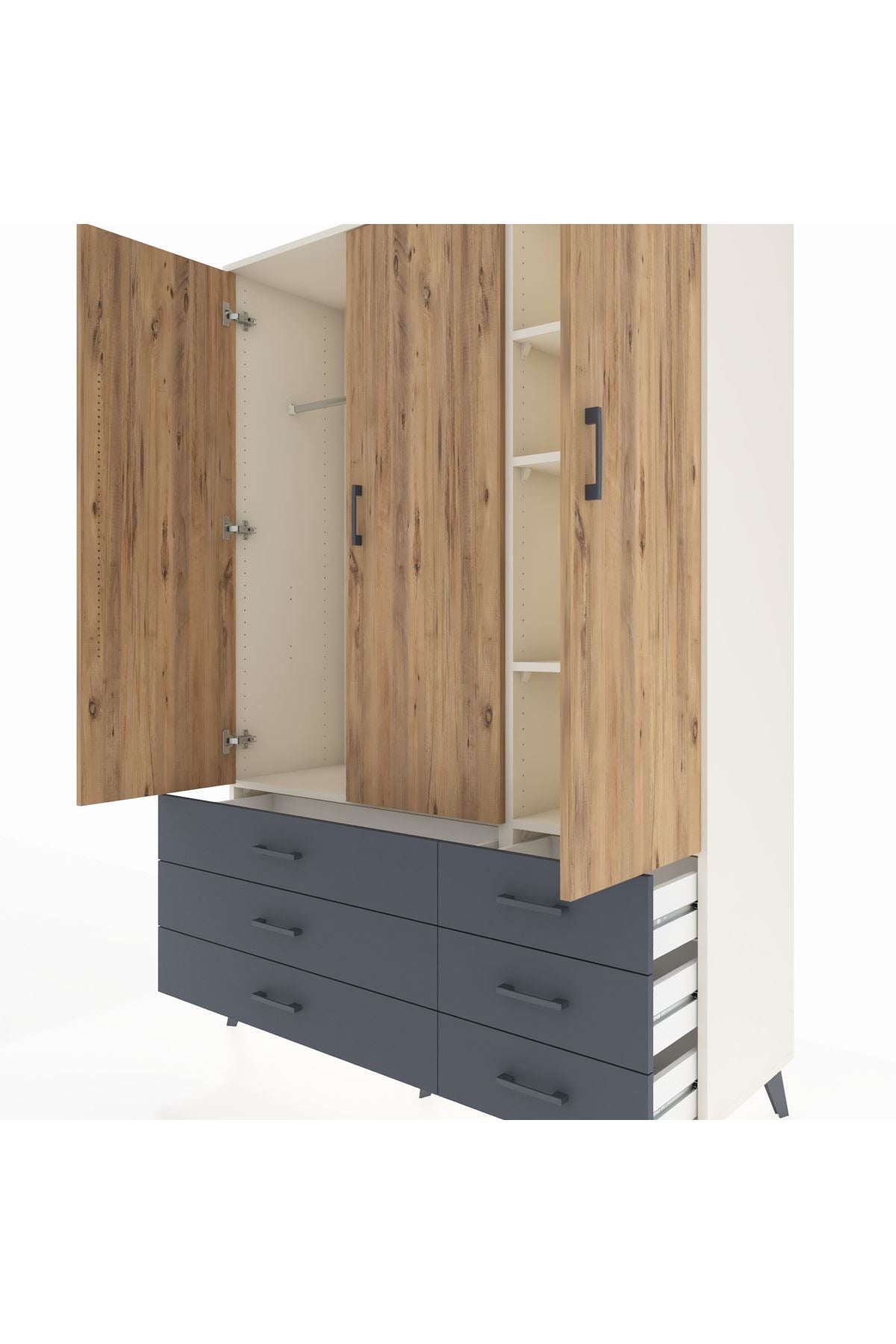 Hyperion Dolap 5 Raflı 6 Çekmeceli Tek Askılı 132x44x195 Aytaşı-Çam/Antrasit