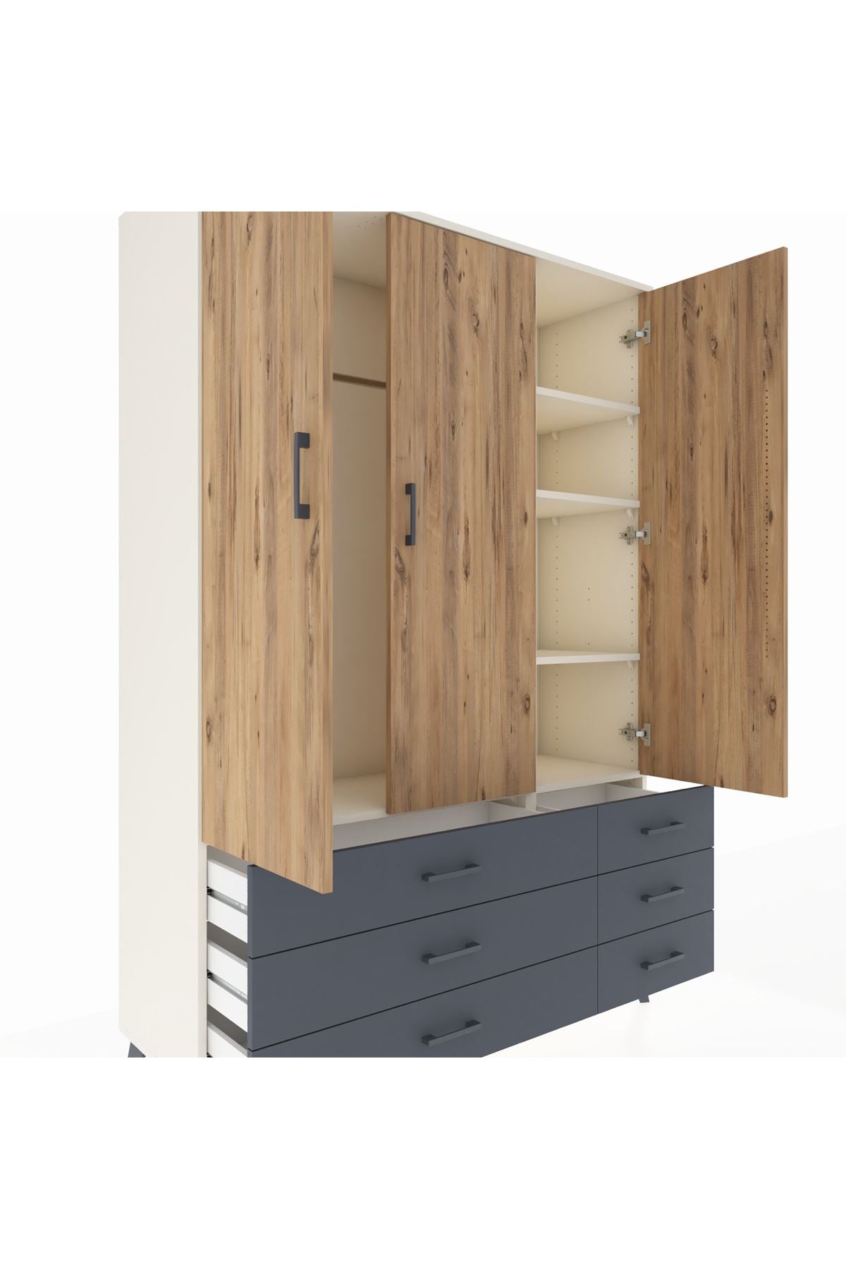 Hyperion Dolap 5 Raflı 6 Çekmeceli Tek Askılı 132x44x195 Aytaşı-Çam/Antrasit