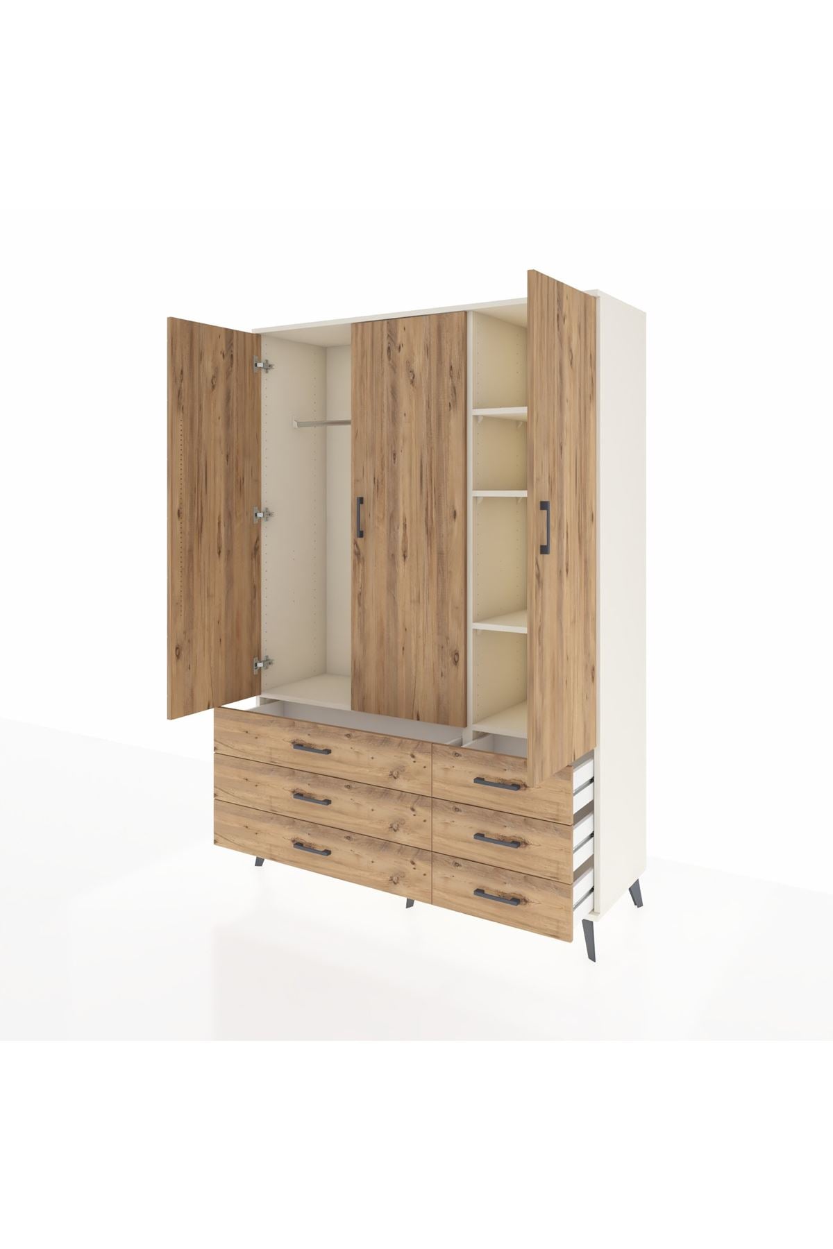 Hyperion Dolap 5 Raflı 6 Çekmeceli Tek Askılı 132x44x195 Aytaşı-Çam/Çam