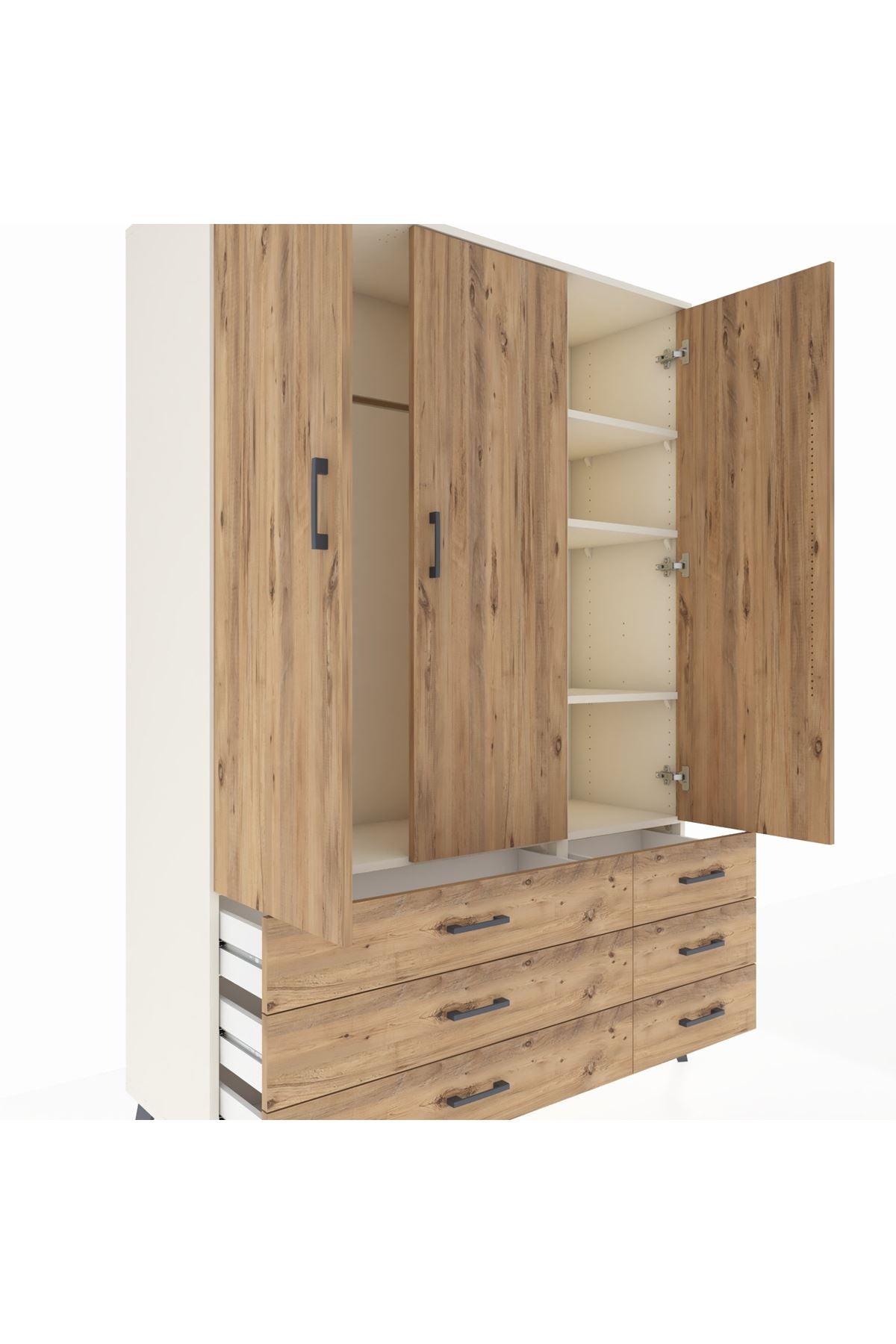 Hyperion Dolap 5 Raflı 6 Çekmeceli Tek Askılı 132x44x195 Aytaşı-Çam/Çam