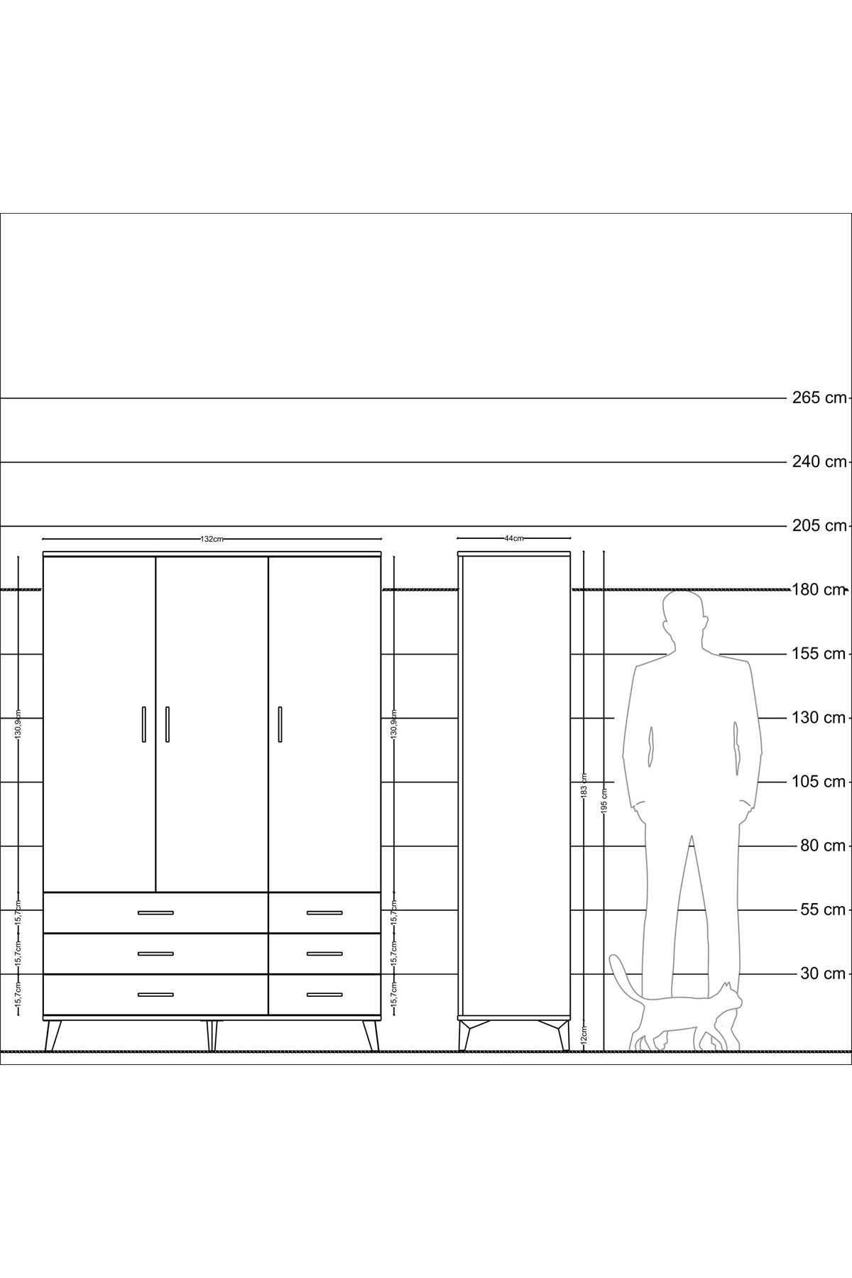 Hyperion Dolap 5 Raflı 6 Çekmeceli Tek Askılı 132x44x195 Aytaşı-Çam/Çam