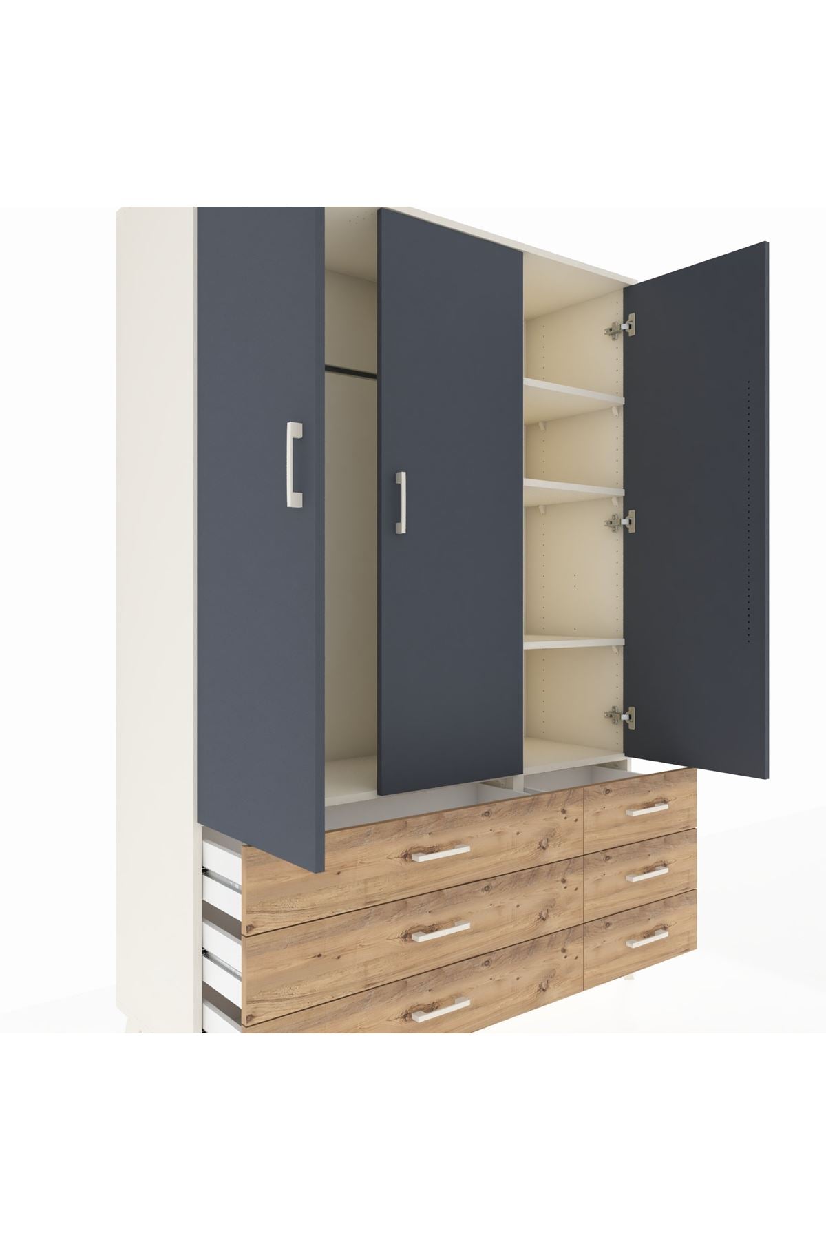 Hyperion Dolap 5 Raflı 6 Çekmeceli Tek Askılı 132x44x195 Aytaşı-Antrasit/Çam