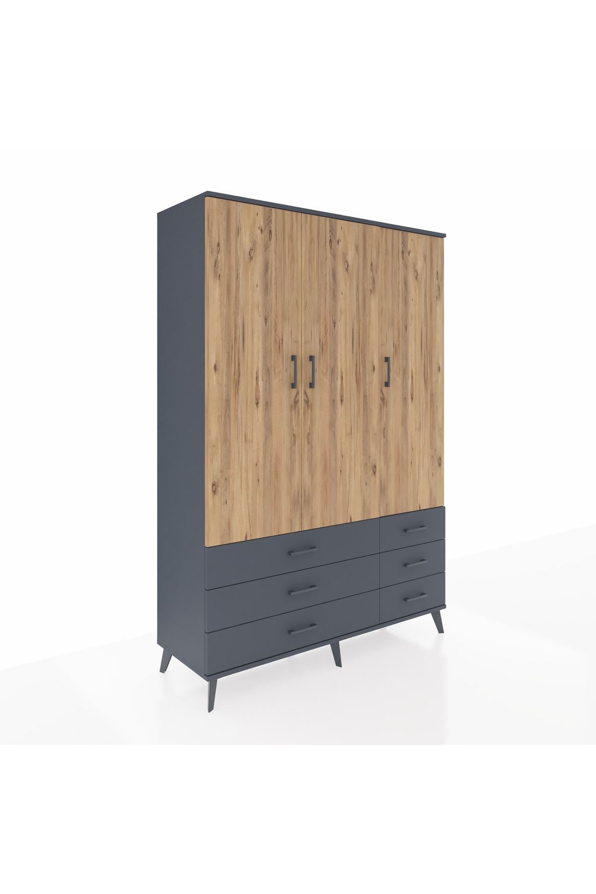 Hyperion Dolap 5 Raflı 6 Çekmeceli Tek Askılı 132x44x195 Antrasit-Çam/Antrasit