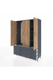 Hyperion Dolap 5 Raflı 6 Çekmeceli Tek Askılı 132x44x195 Antrasit-Çam/Antrasit