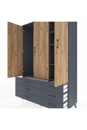 Hyperion Dolap 5 Raflı 6 Çekmeceli Tek Askılı 132x44x195 Antrasit-Çam/Antrasit