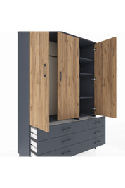 Hyperion Dolap 5 Raflı 6 Çekmeceli Tek Askılı 132x44x195 Antrasit-Çam/Antrasit