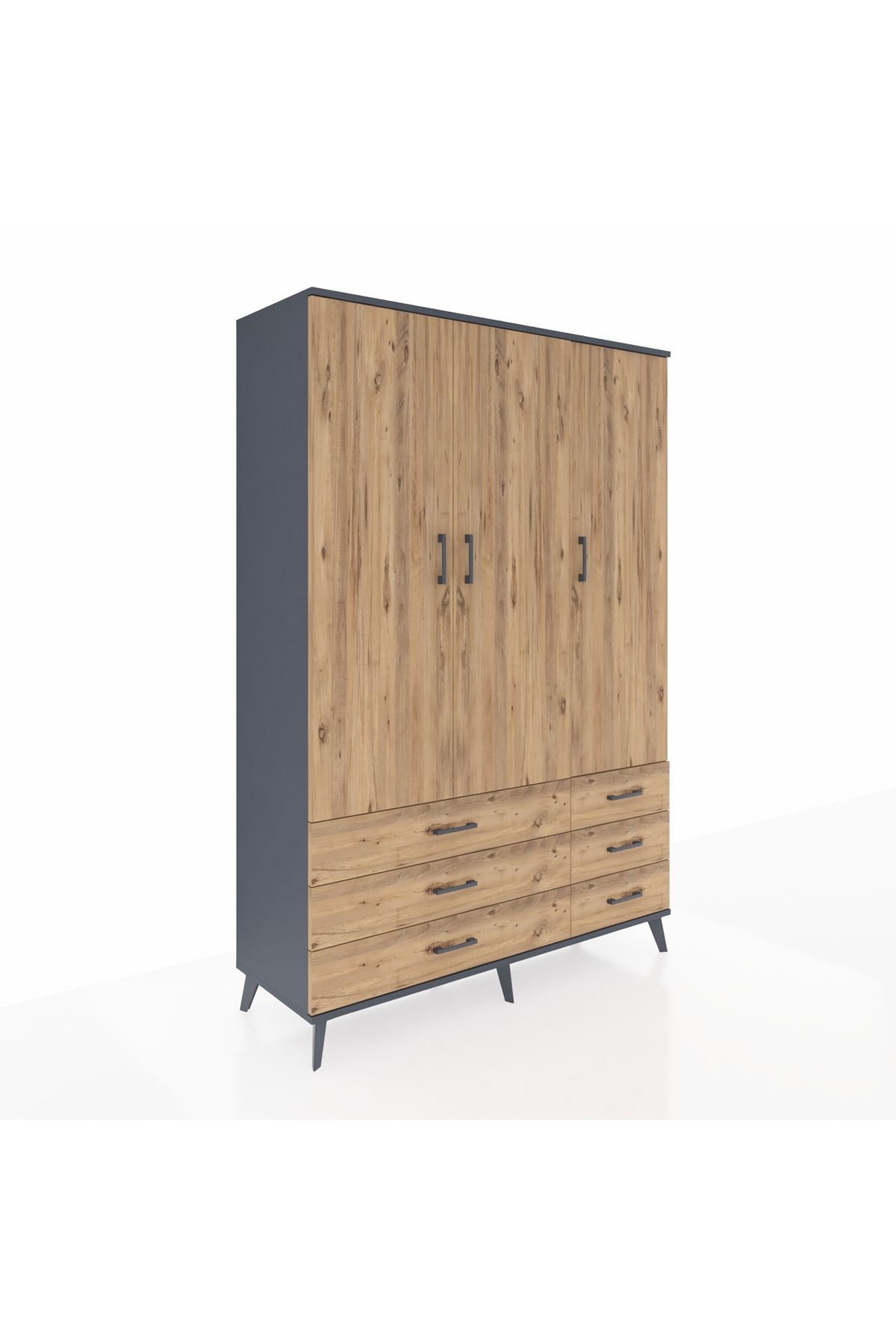 Hyperion Dolap 5 Raflı 6 Çekmeceli Tek Askılı 132x44x195 Antrasit-Çam/Çam