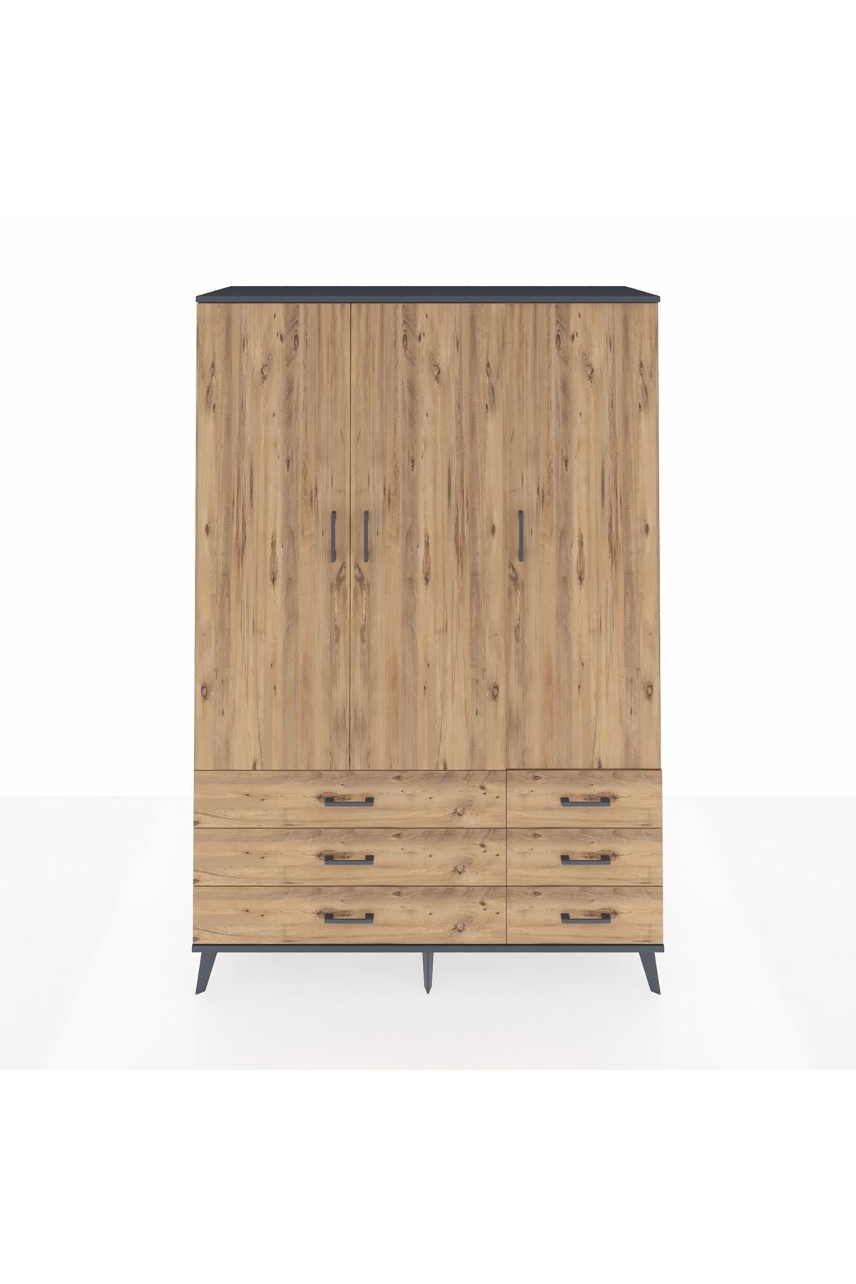 Hyperion Dolap 5 Raflı 6 Çekmeceli Tek Askılı 132x44x195 Antrasit-Çam/Çam