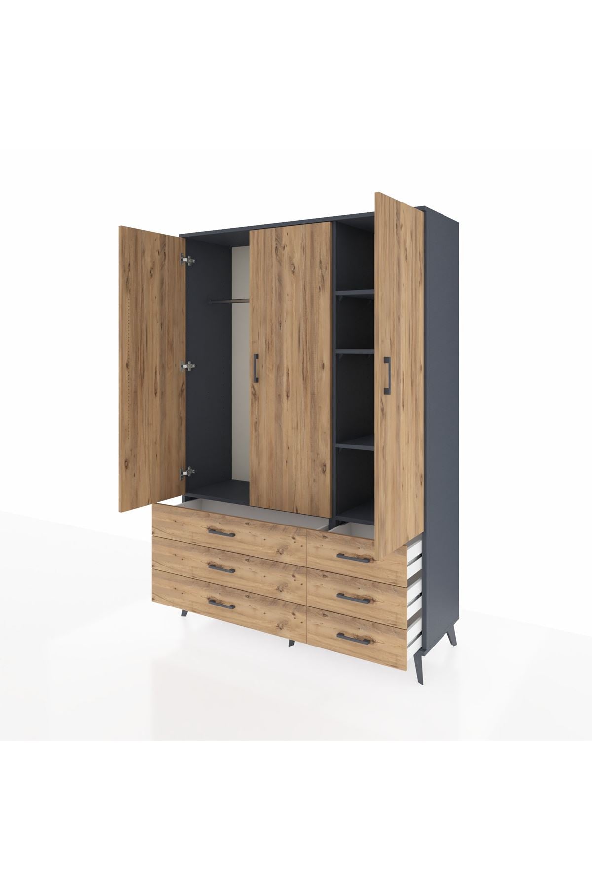 Hyperion Dolap 5 Raflı 6 Çekmeceli Tek Askılı 132x44x195 Antrasit-Çam/Çam