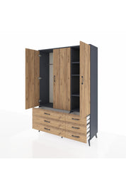 Hyperion Dolap 5 Raflı 6 Çekmeceli Tek Askılı 132x44x195 Antrasit-Çam/Çam