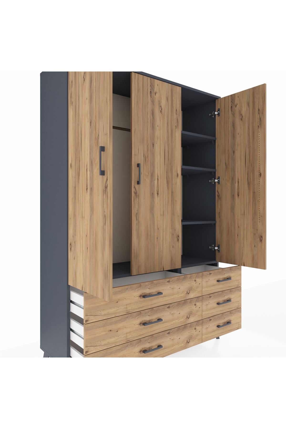 Hyperion Dolap 5 Raflı 6 Çekmeceli Tek Askılı 132x44x195 Antrasit-Çam/Çam