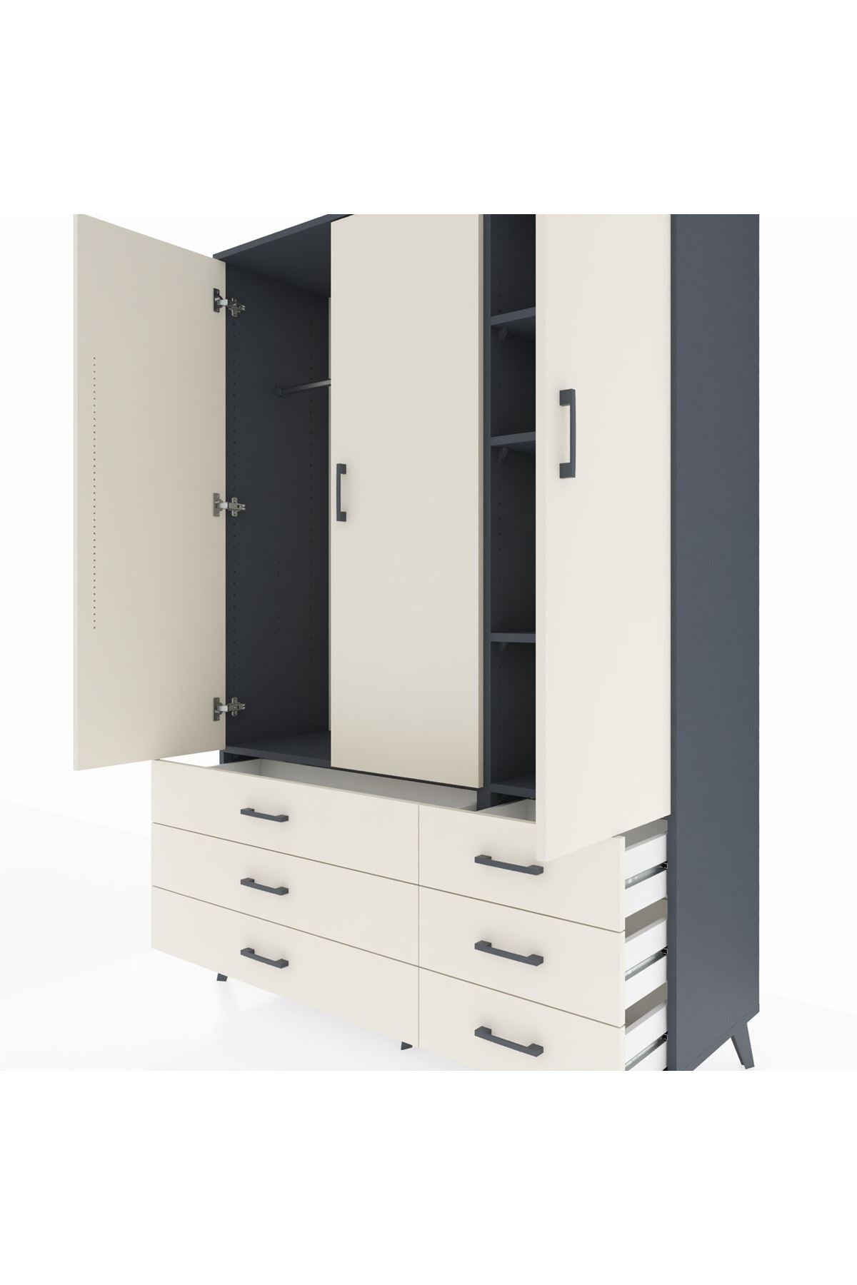 Hyperion Dolap 5 Raflı 6 Çekmeceli Tek Askılı 132x44x195 Antrasit-Aytaşı/Aytaşı