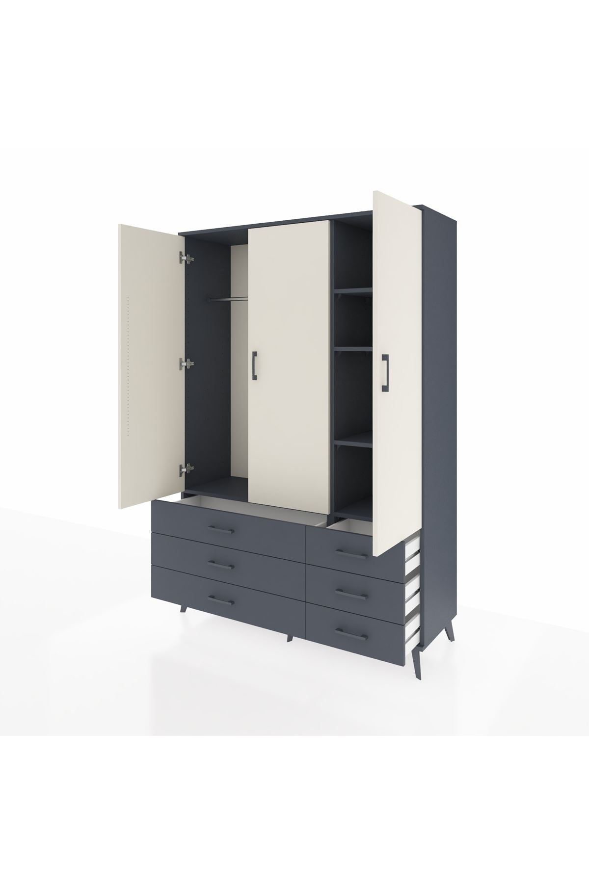 Hyperion Dolap 5 Raflı 6 Çekmeceli Tek Askılı 132x44x195 Antrasit-Aytaşı/Antrasit