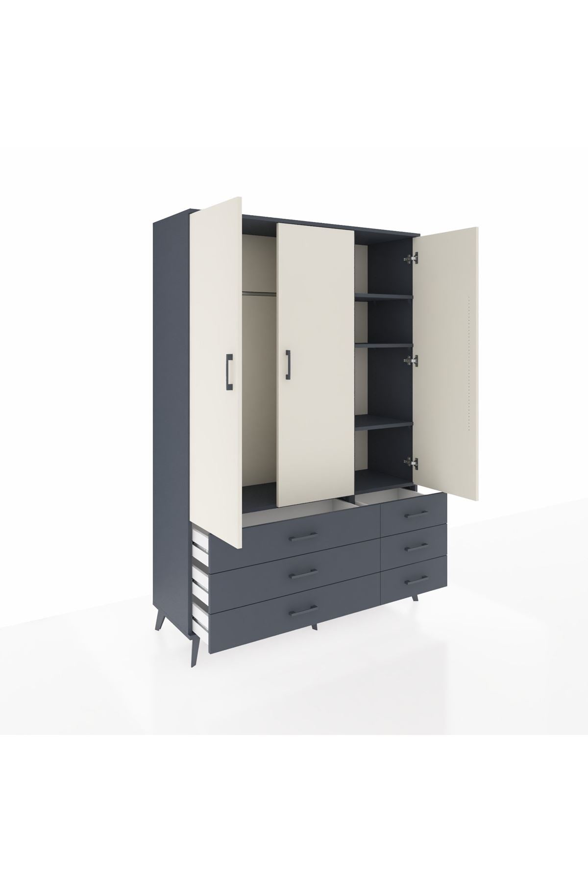 Hyperion Dolap 5 Raflı 6 Çekmeceli Tek Askılı 132x44x195 Antrasit-Aytaşı/Antrasit