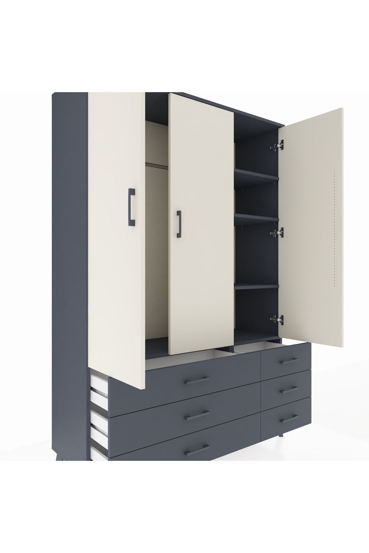 Hyperion Dolap 5 Raflı 6 Çekmeceli Tek Askılı 132x44x195 Antrasit-Aytaşı/Antrasit