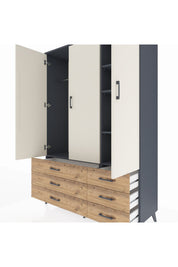 Hyperion Dolap 5 Raflı 6 Çekmeceli Tek Askılı 132x44x195 Antrasit-Aytaşı/Çam