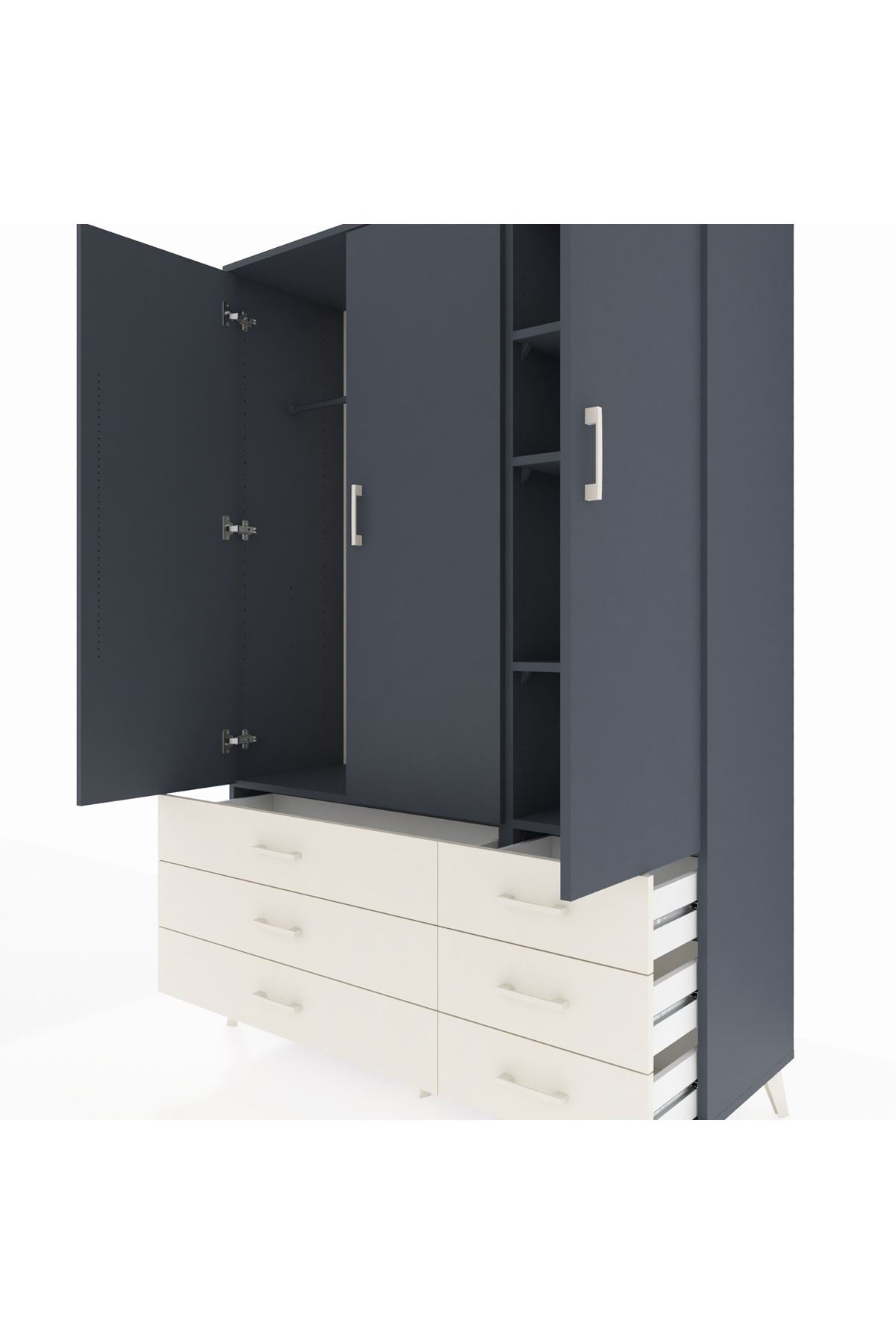 Hyperion Dolap 5 Raflı 6 Çekmeceli Tek Askılı 132x44x195 Antrasit-Antrasit/Aytaşı