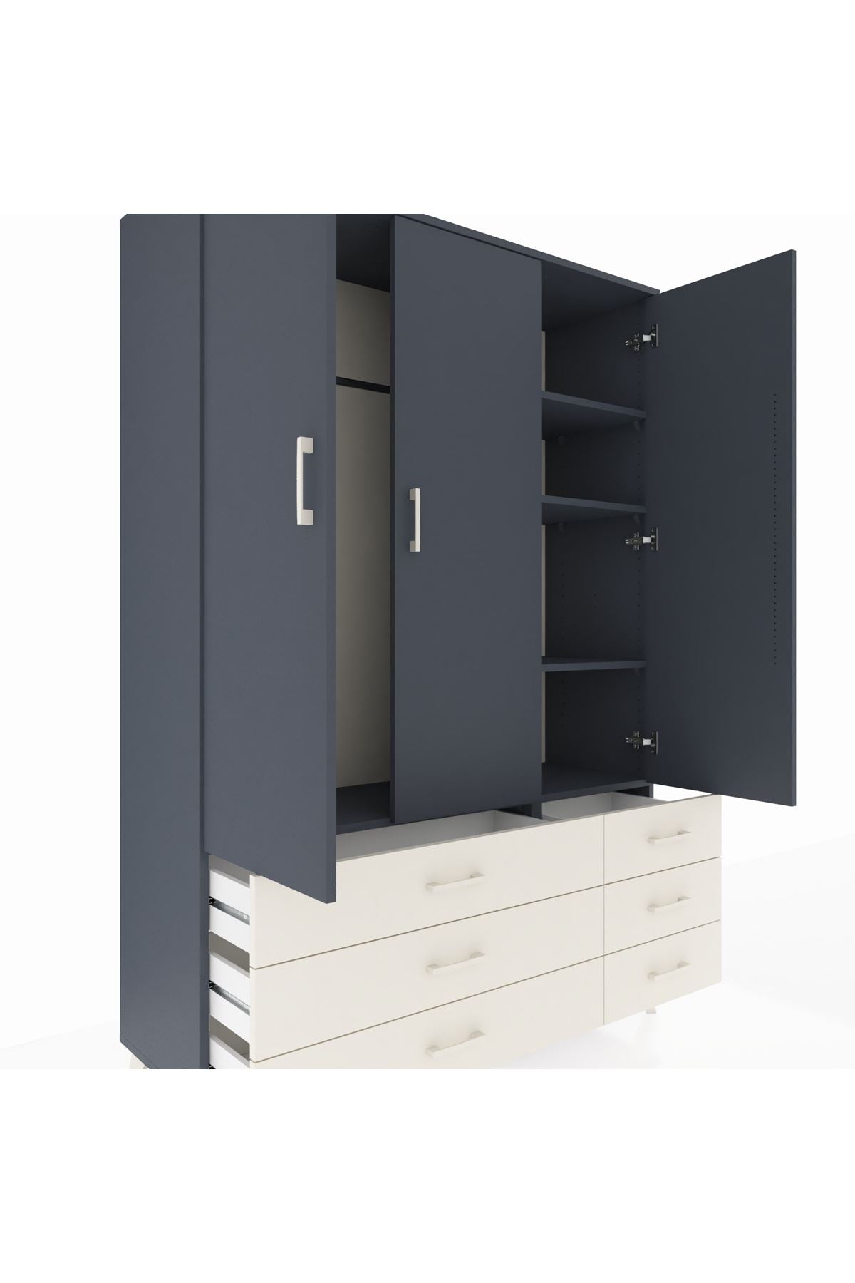 Hyperion Dolap 5 Raflı 6 Çekmeceli Tek Askılı 132x44x195 Antrasit-Antrasit/Aytaşı