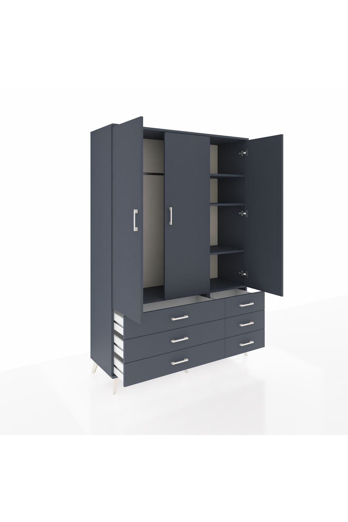 Hyperion Dolap 5 Raflı 6 Çekmeceli Tek Askılı 132x44x195 Antrasit-Antrasit/Antrasit