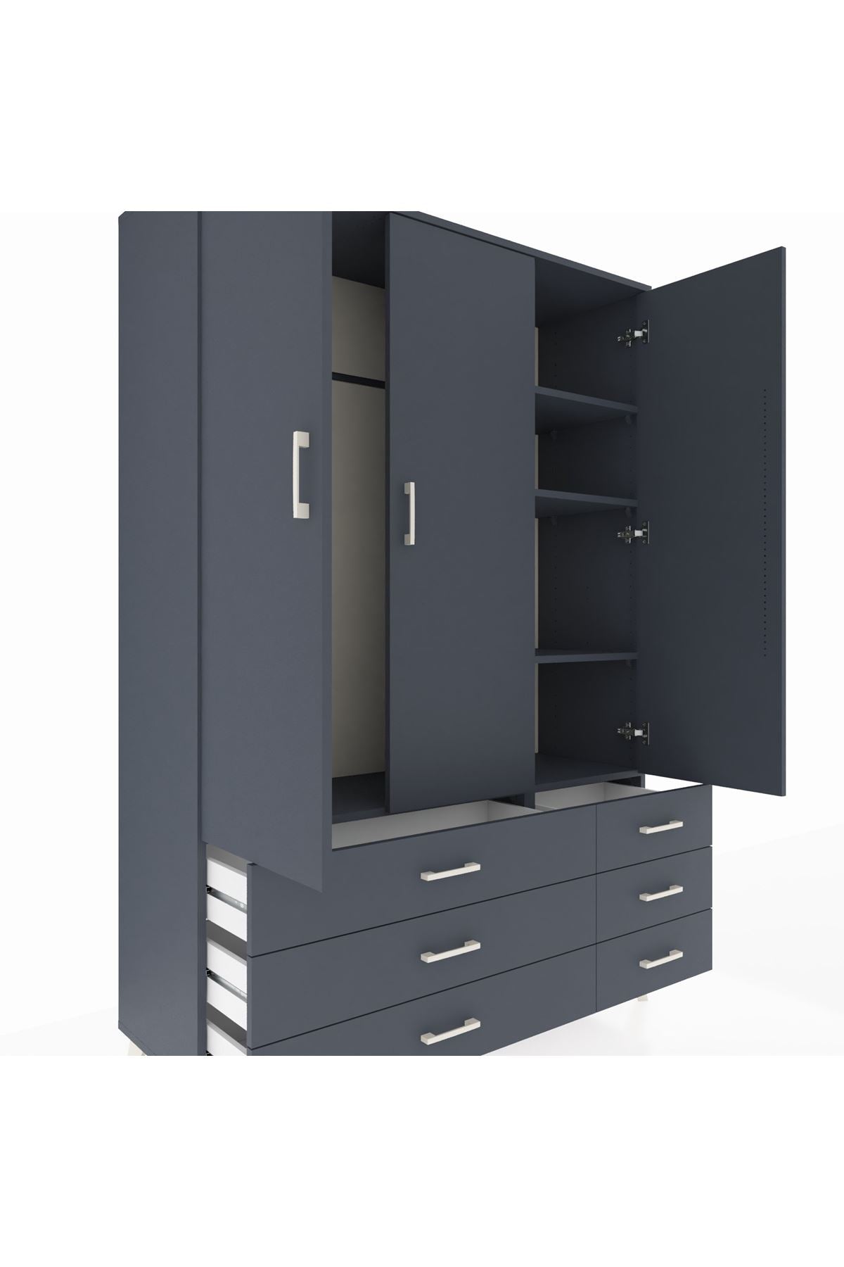 Hyperion Dolap 5 Raflı 6 Çekmeceli Tek Askılı 132x44x195 Antrasit-Antrasit/Antrasit