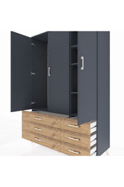 Hyperion Dolap 5 Raflı 6 Çekmeceli Tek Askılı 132x44x195 Antrasit-Antrasit/Çam