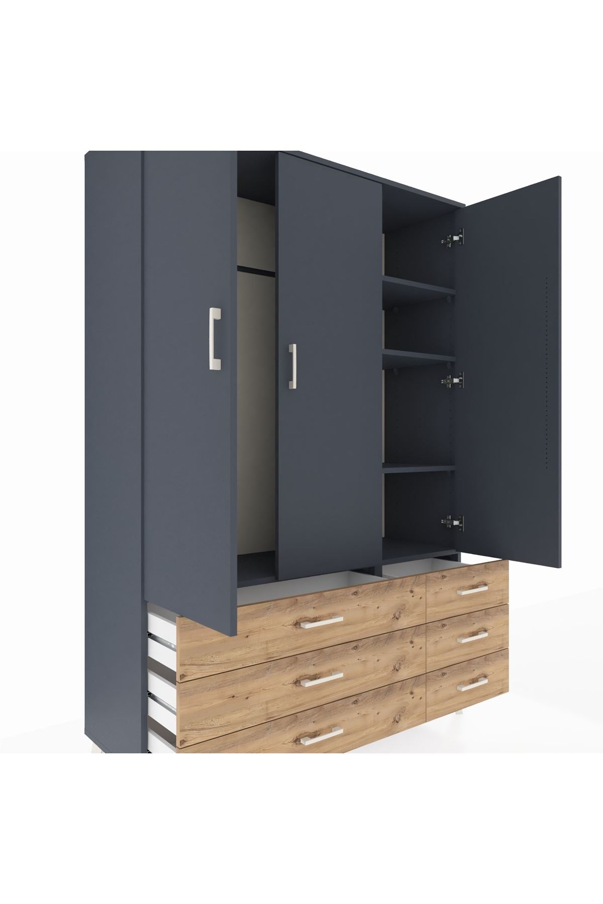 Hyperion Dolap 5 Raflı 6 Çekmeceli Tek Askılı 132x44x195 Antrasit-Antrasit/Çam