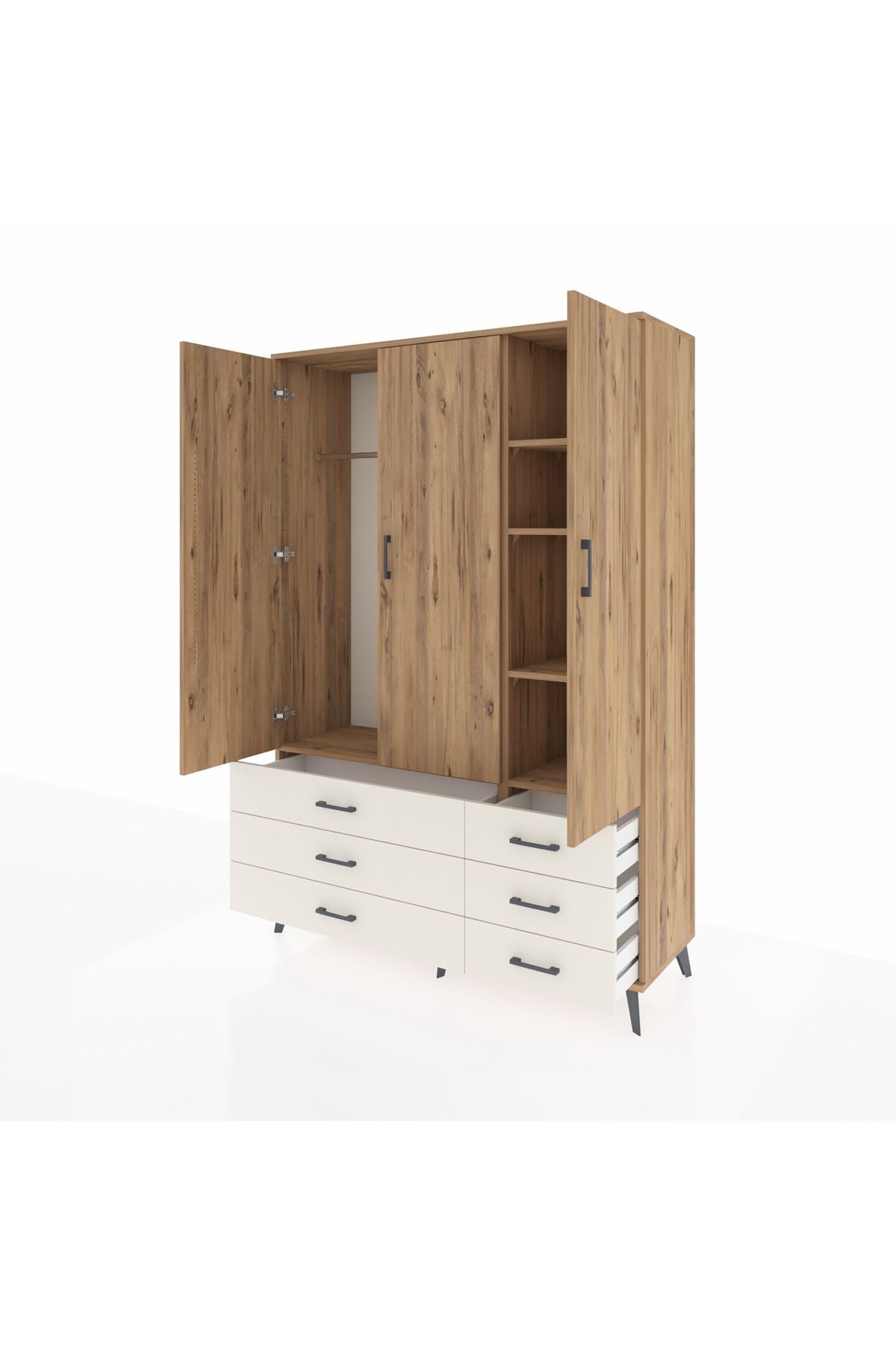 Hyperion Dolap 5 Raflı 6 Çekmeceli Tek Askılı 132x44x195 Çam-Çam/Aytaşı