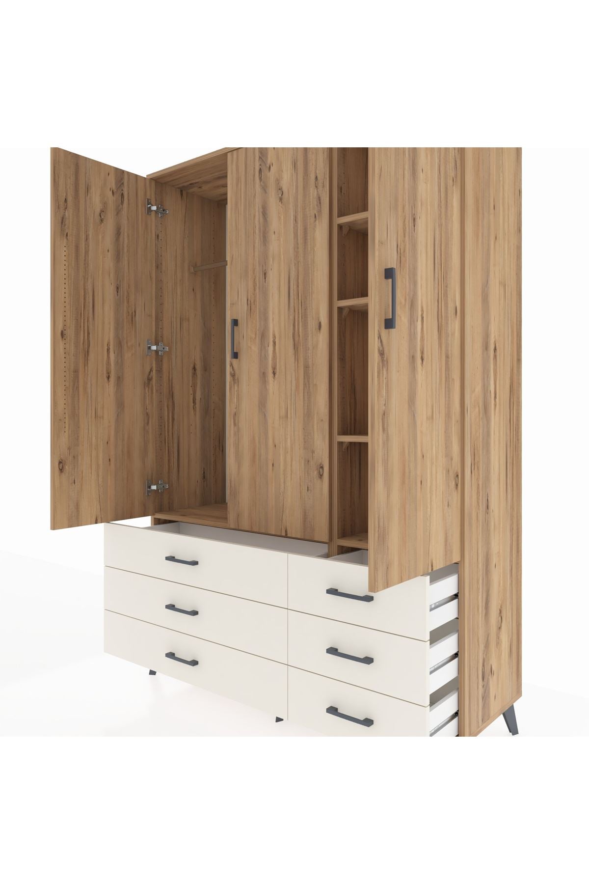 Hyperion Dolap 5 Raflı 6 Çekmeceli Tek Askılı 132x44x195 Çam-Çam/Aytaşı