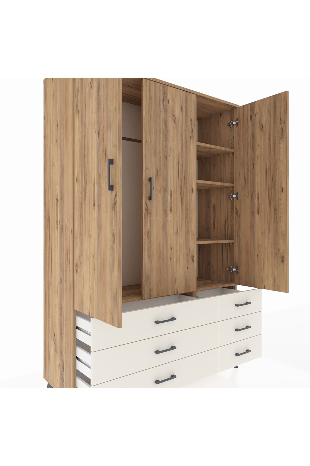 Hyperion Dolap 5 Raflı 6 Çekmeceli Tek Askılı 132x44x195 Çam-Çam/Aytaşı