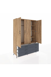 Hyperion Dolap 5 Raflı 6 Çekmeceli Tek Askılı 132x44x195 Çam-Çam/Antrasit