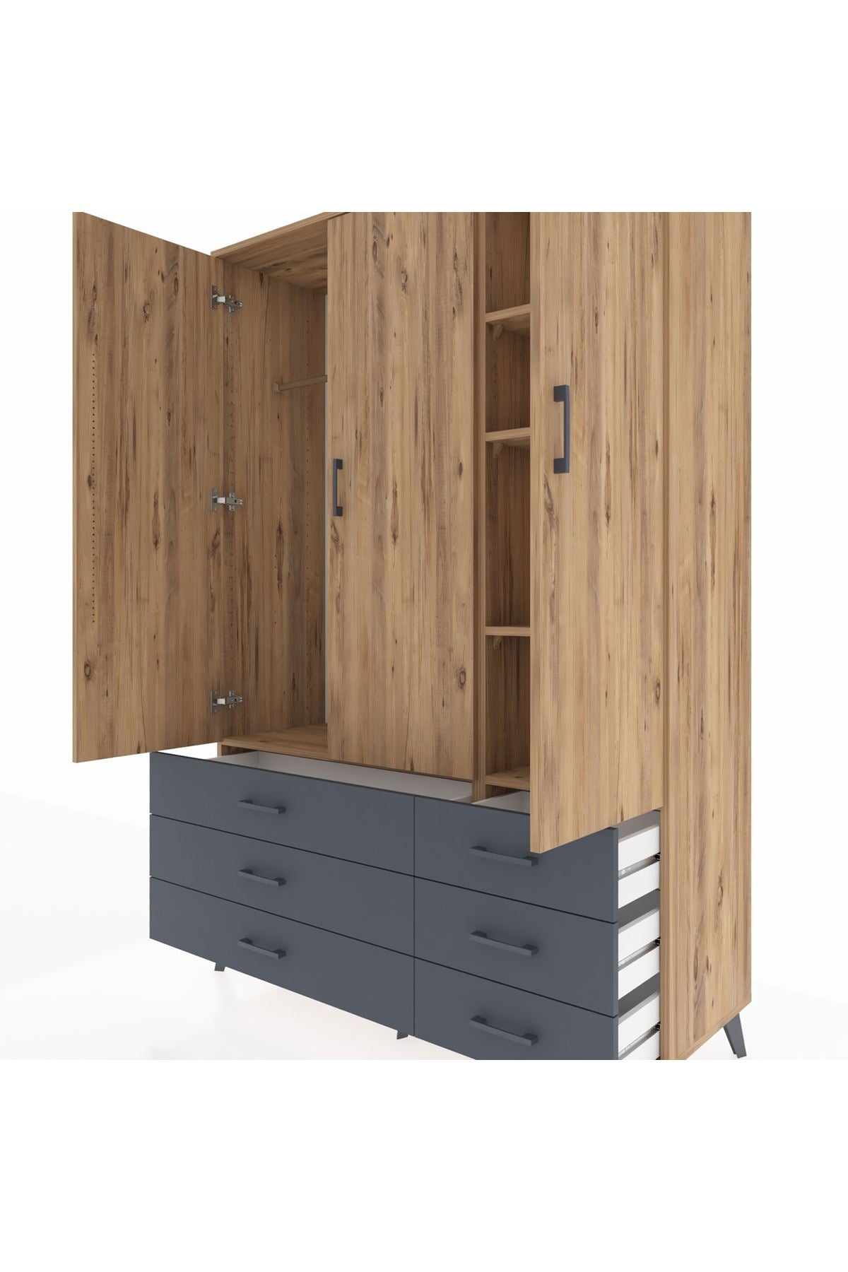 Hyperion Dolap 5 Raflı 6 Çekmeceli Tek Askılı 132x44x195 Çam-Çam/Antrasit