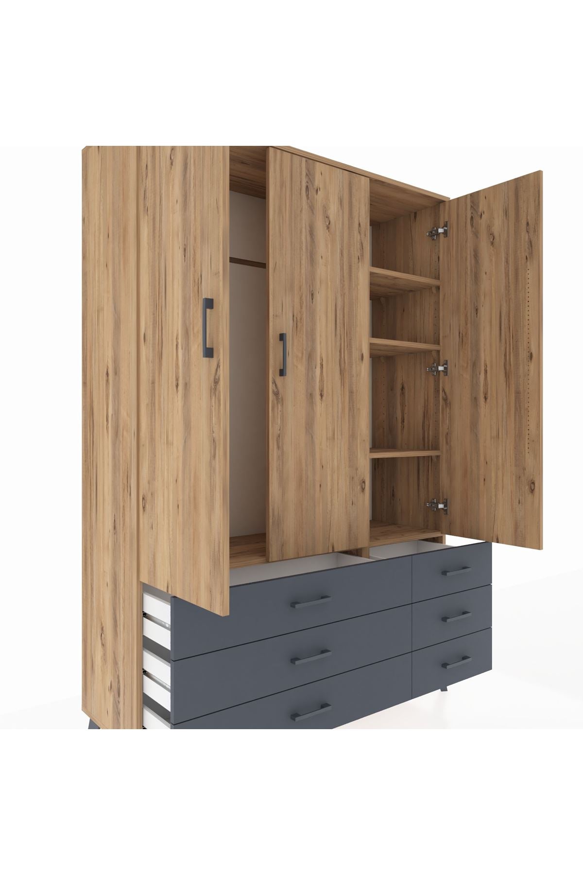 Hyperion Dolap 5 Raflı 6 Çekmeceli Tek Askılı 132x44x195 Çam-Çam/Antrasit