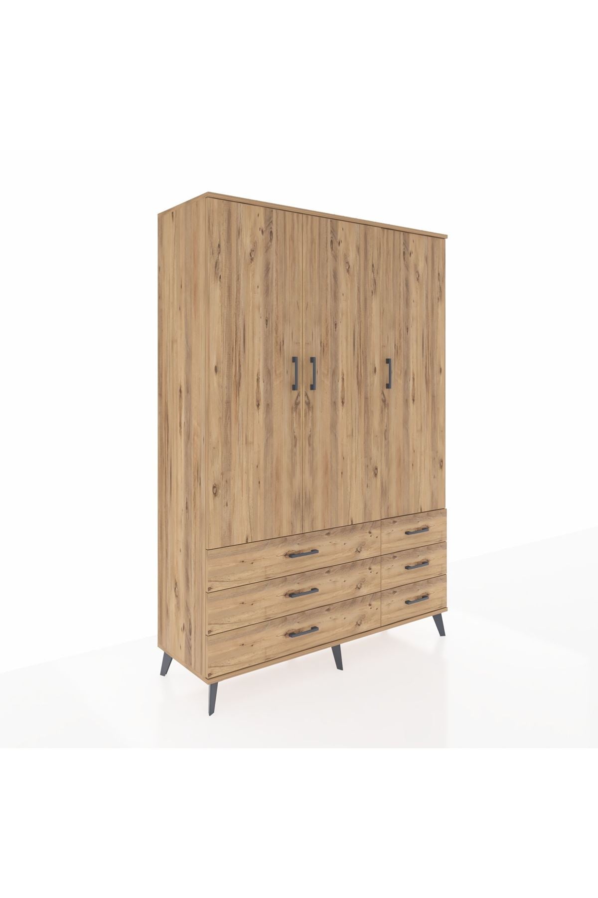 Hyperion Dolap 5 Raflı 6 Çekmeceli Tek Askılı 132x44x195 Çam-Çam/Çam