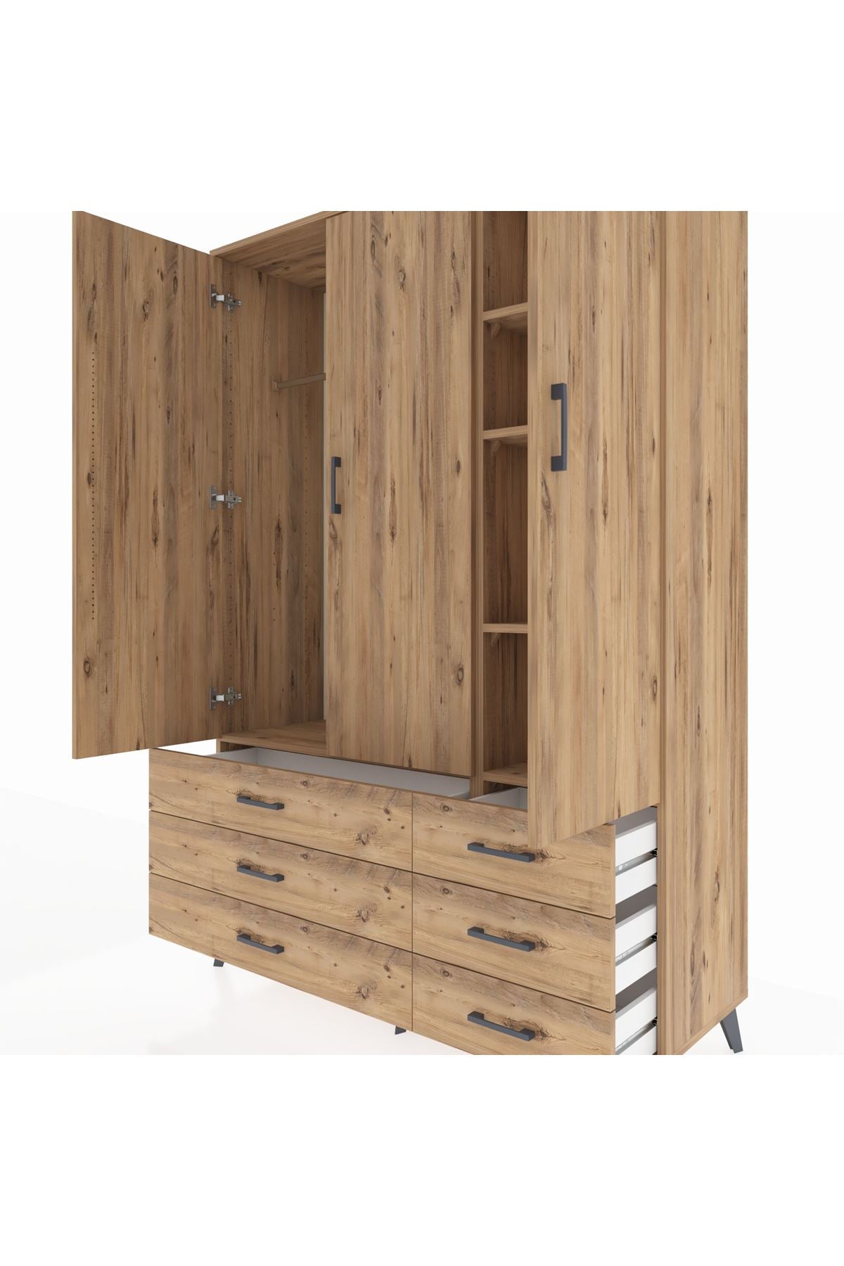 Hyperion Dolap 5 Raflı 6 Çekmeceli Tek Askılı 132x44x195 Çam-Çam/Çam