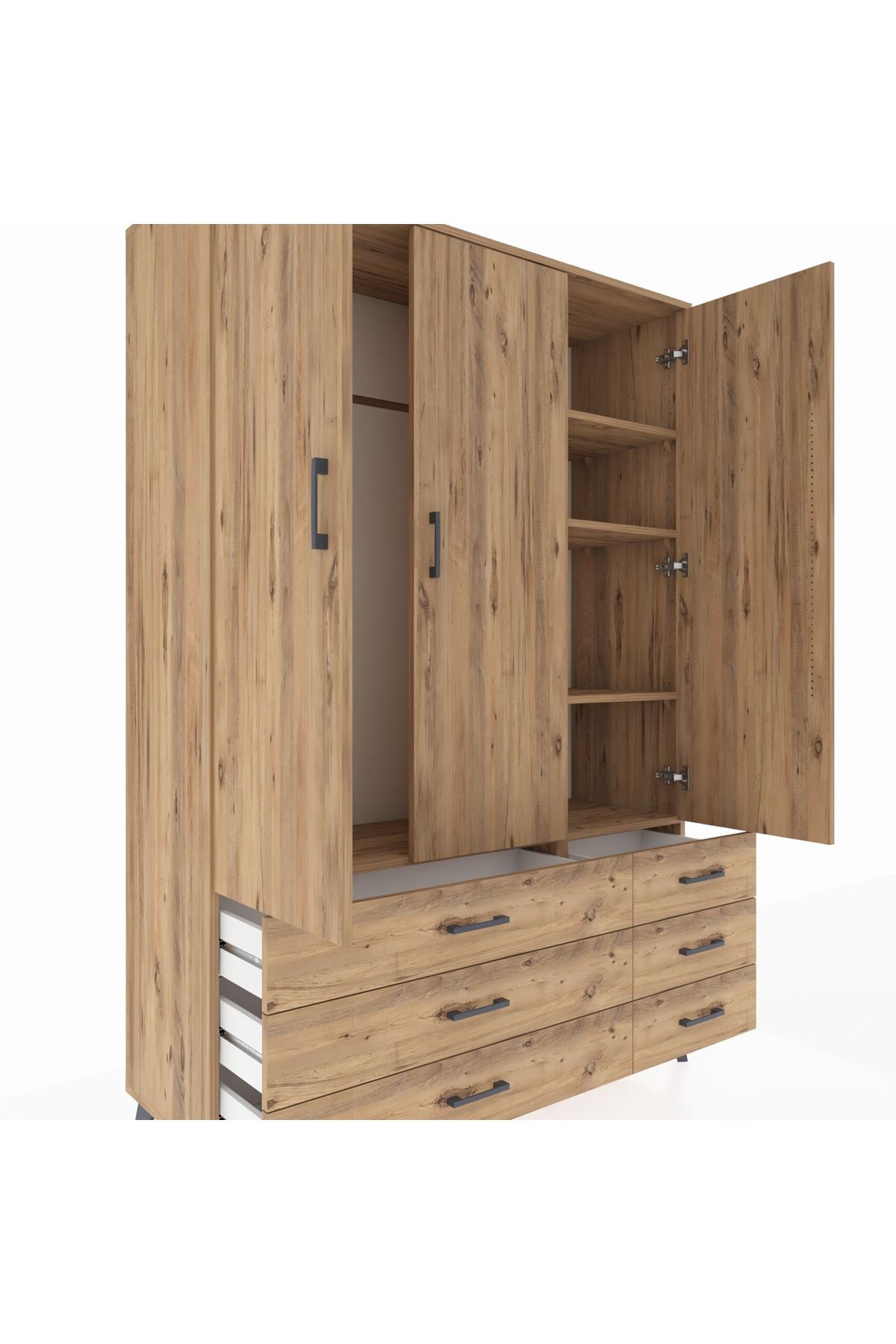 Hyperion Dolap 5 Raflı 6 Çekmeceli Tek Askılı 132x44x195 Çam-Çam/Çam