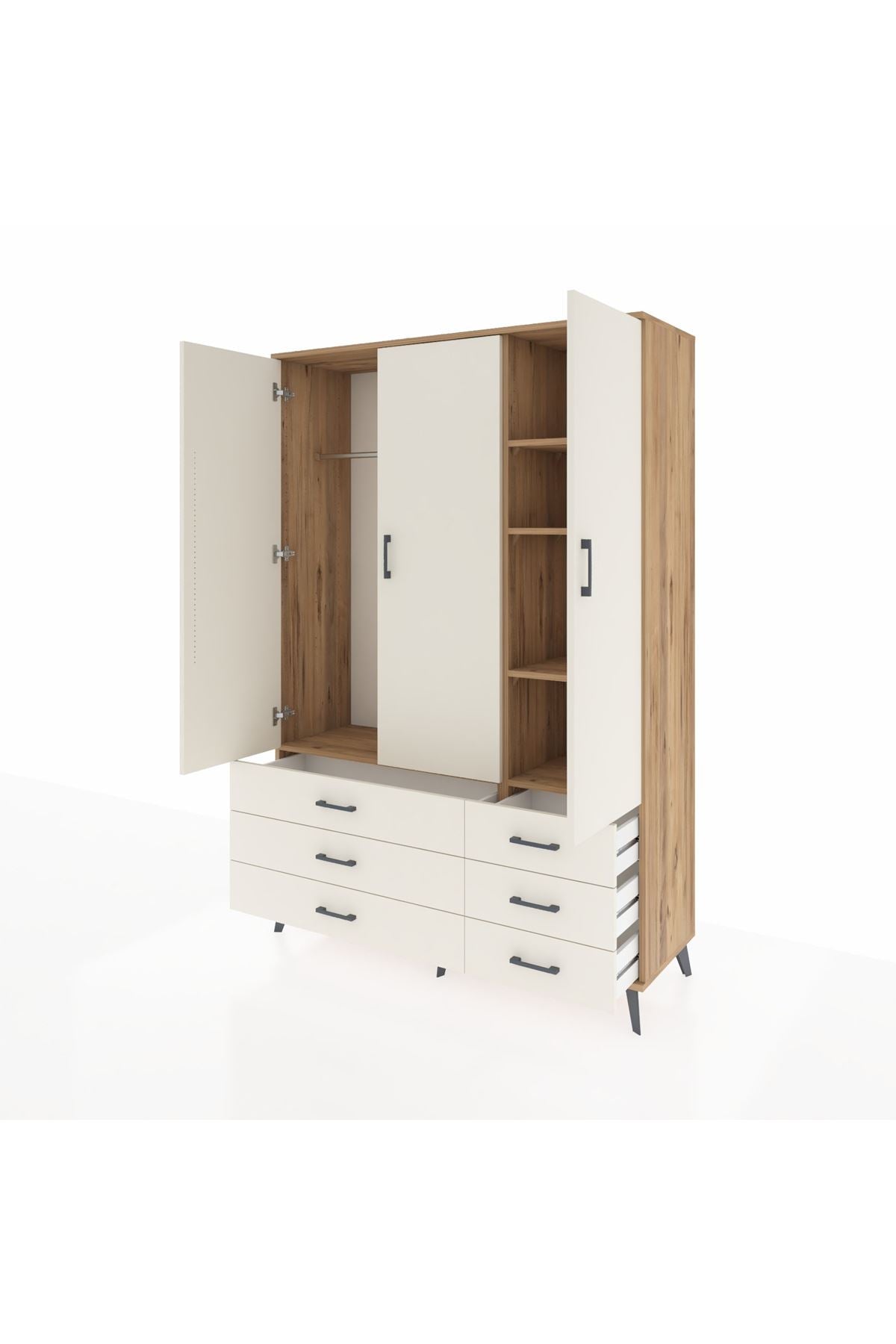 Hyperion Dolap 5 Raflı 6 Çekmeceli Tek Askılı 132x44x195 Çam-Aytaşı/Aytaşı