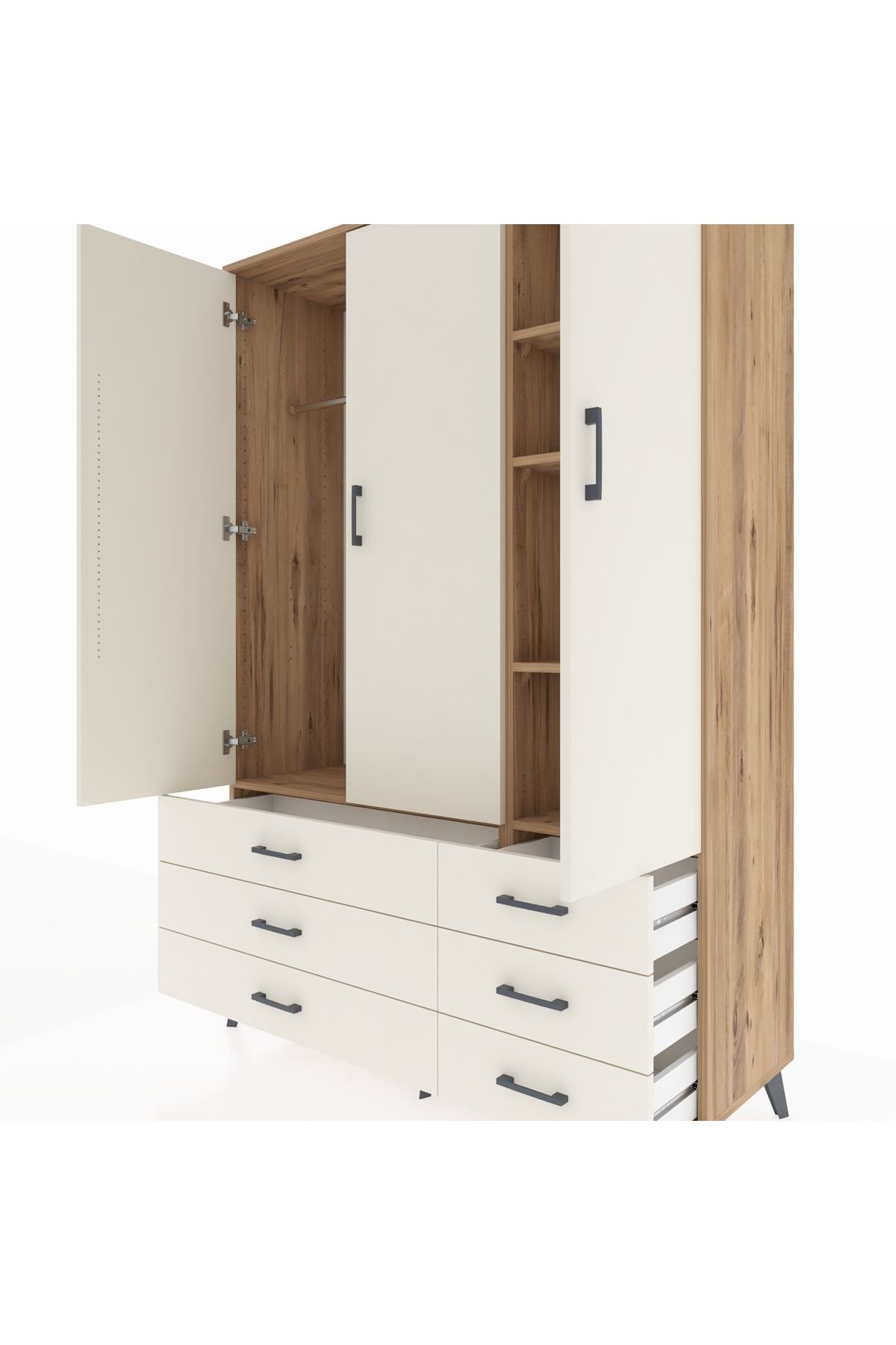 Hyperion Dolap 5 Raflı 6 Çekmeceli Tek Askılı 132x44x195 Çam-Aytaşı/Aytaşı