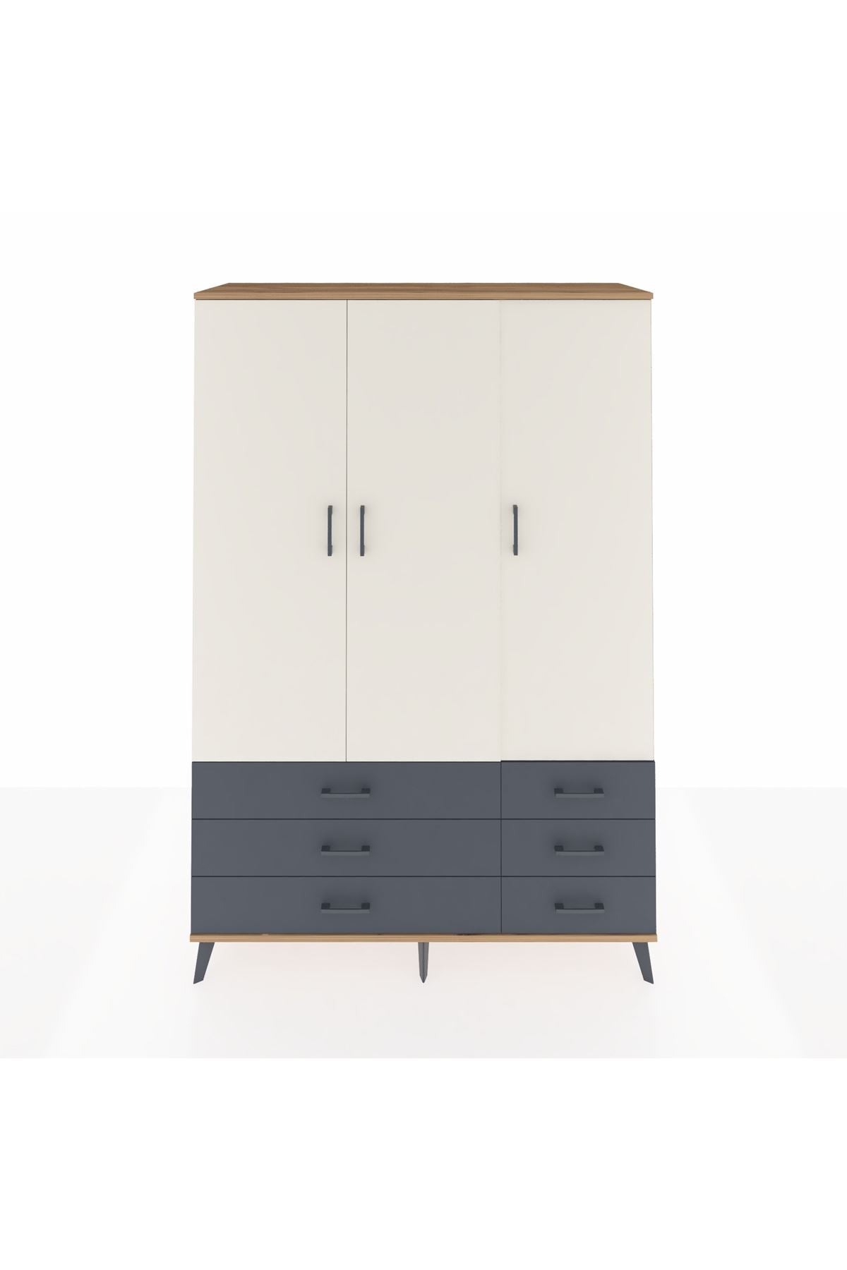 Hyperion Dolap 5 Raflı 6 Çekmeceli Tek Askılı 132x44x195 Çam-Aytaşı/Antrasit