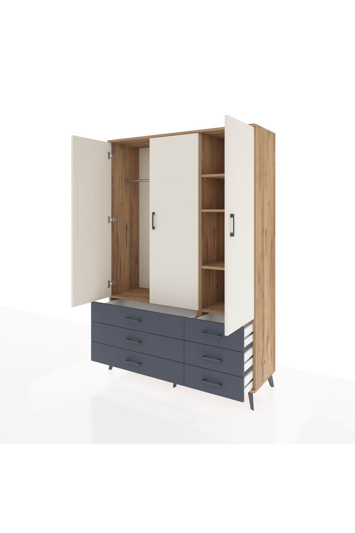 Hyperion Dolap 5 Raflı 6 Çekmeceli Tek Askılı 132x44x195 Çam-Aytaşı/Antrasit