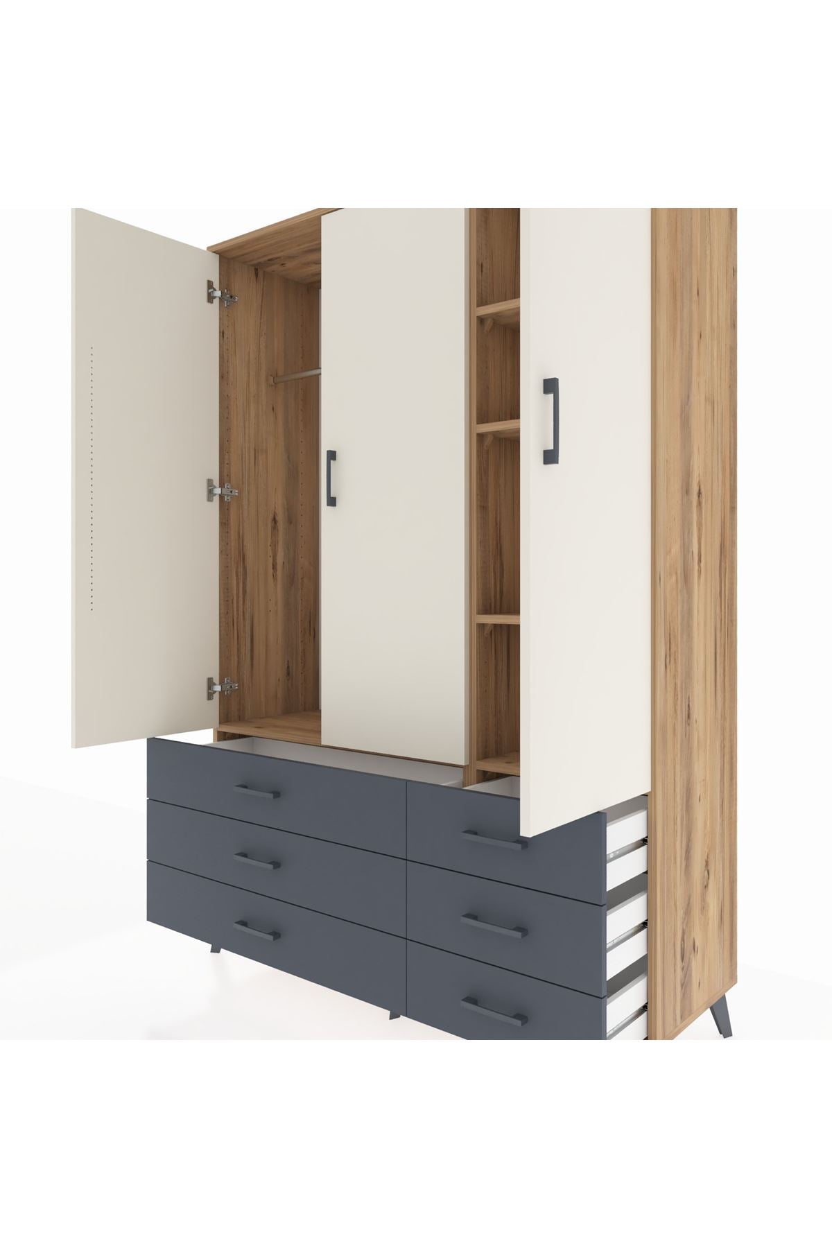 Hyperion Dolap 5 Raflı 6 Çekmeceli Tek Askılı 132x44x195 Çam-Aytaşı/Antrasit