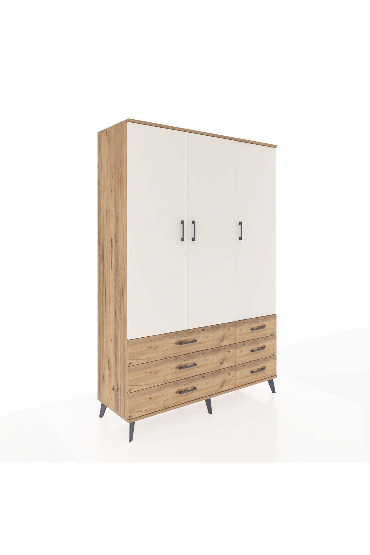 Hyperion Dolap 5 Raflı 6 Çekmeceli Tek Askılı 132x44x195 Çam-Aytaşı/Çam