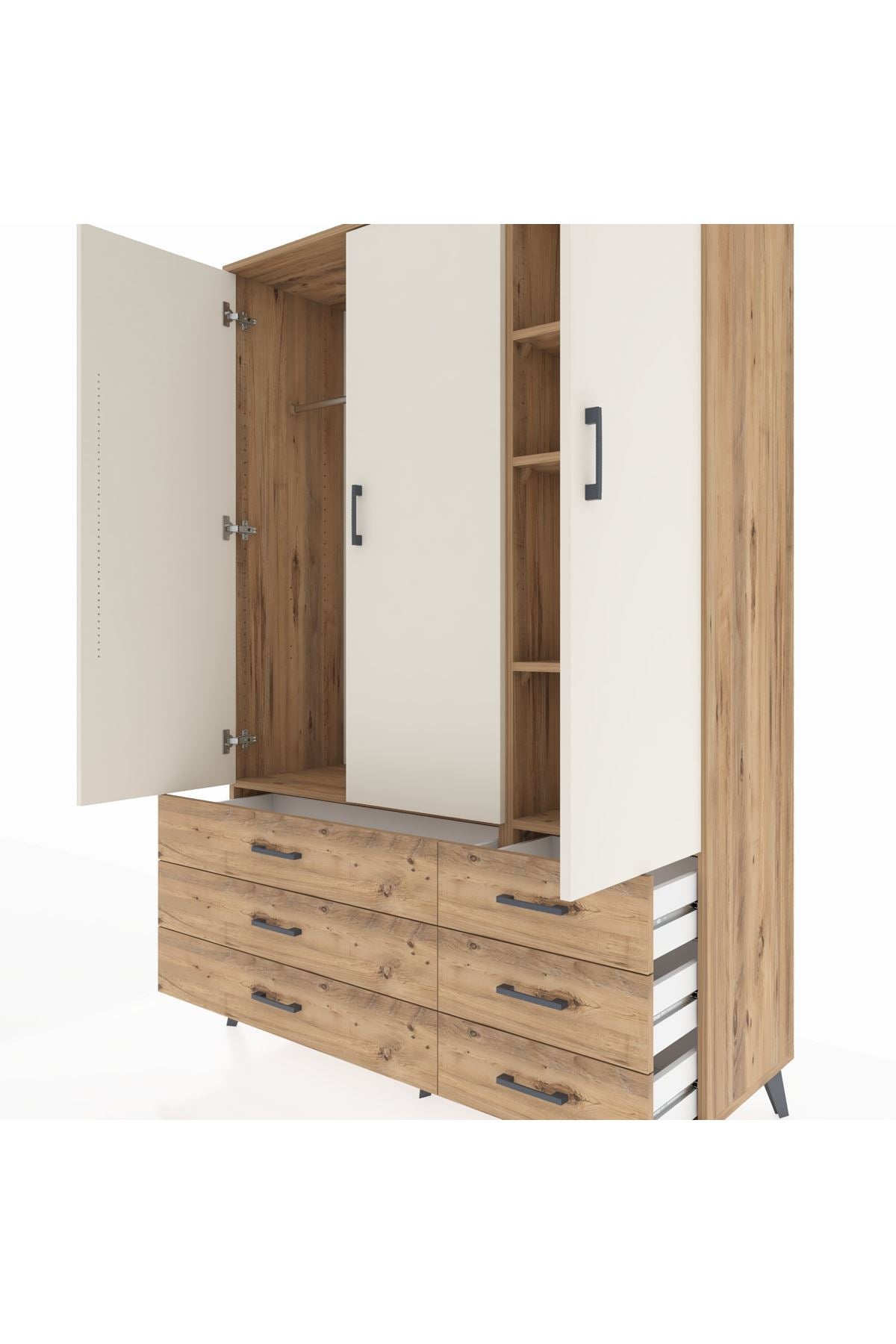 Hyperion Dolap 5 Raflı 6 Çekmeceli Tek Askılı 132x44x195 Çam-Aytaşı/Çam