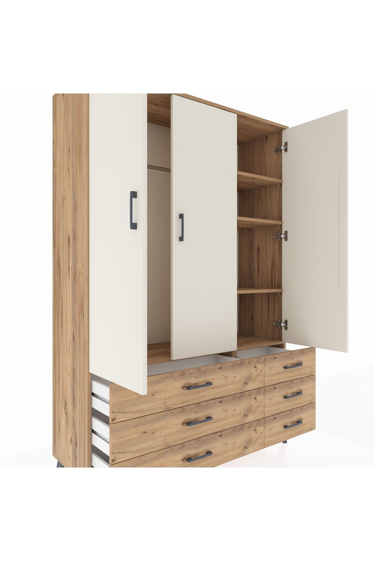 Hyperion Dolap 5 Raflı 6 Çekmeceli Tek Askılı 132x44x195 Çam-Aytaşı/Çam