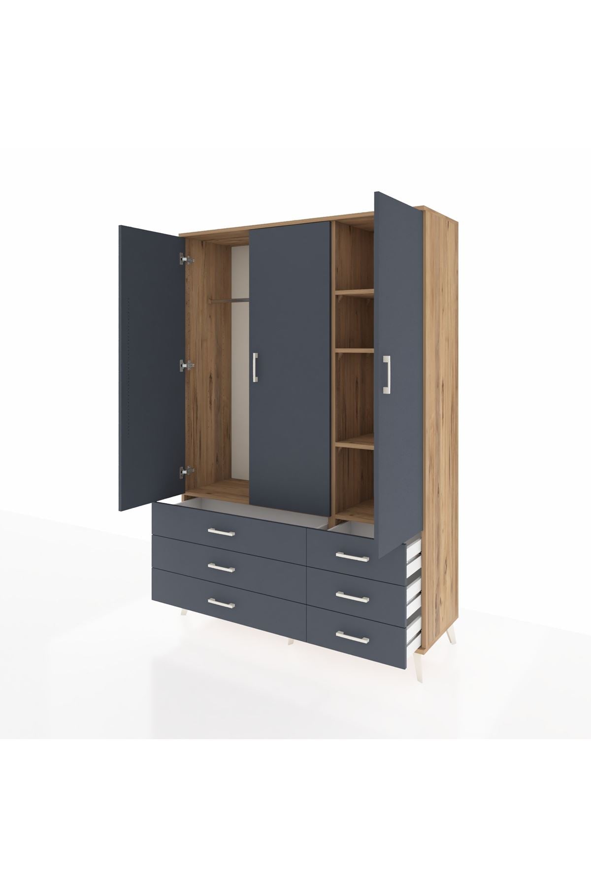 Hyperion Dolap 5 Raflı 6 Çekmeceli Tek Askılı 132x44x195 Çam-Antrasit/Antrasit