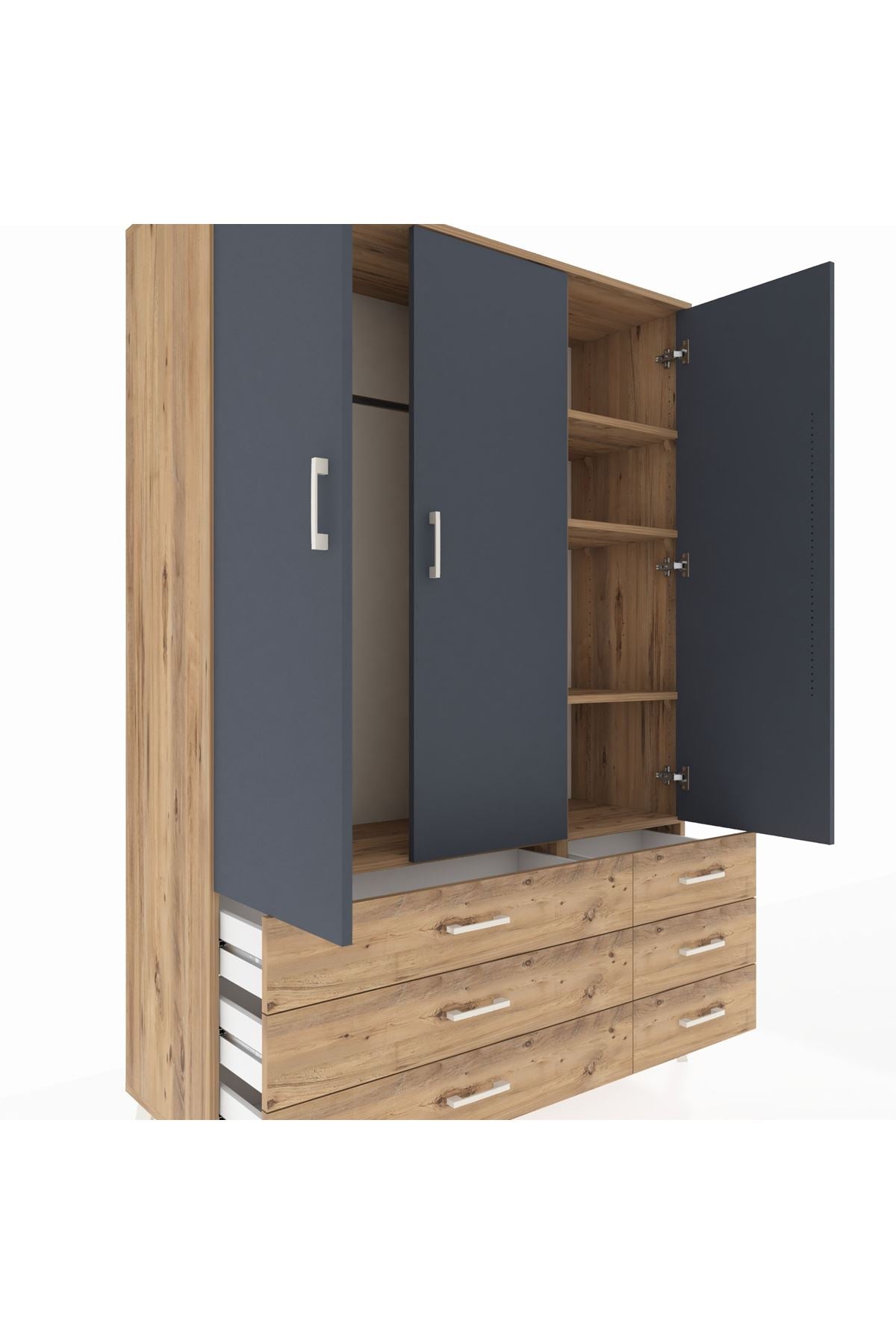 Hyperion Dolap 5 Raflı 6 Çekmeceli Tek Askılı 132x44x195 Çam-Antrasit/Çam