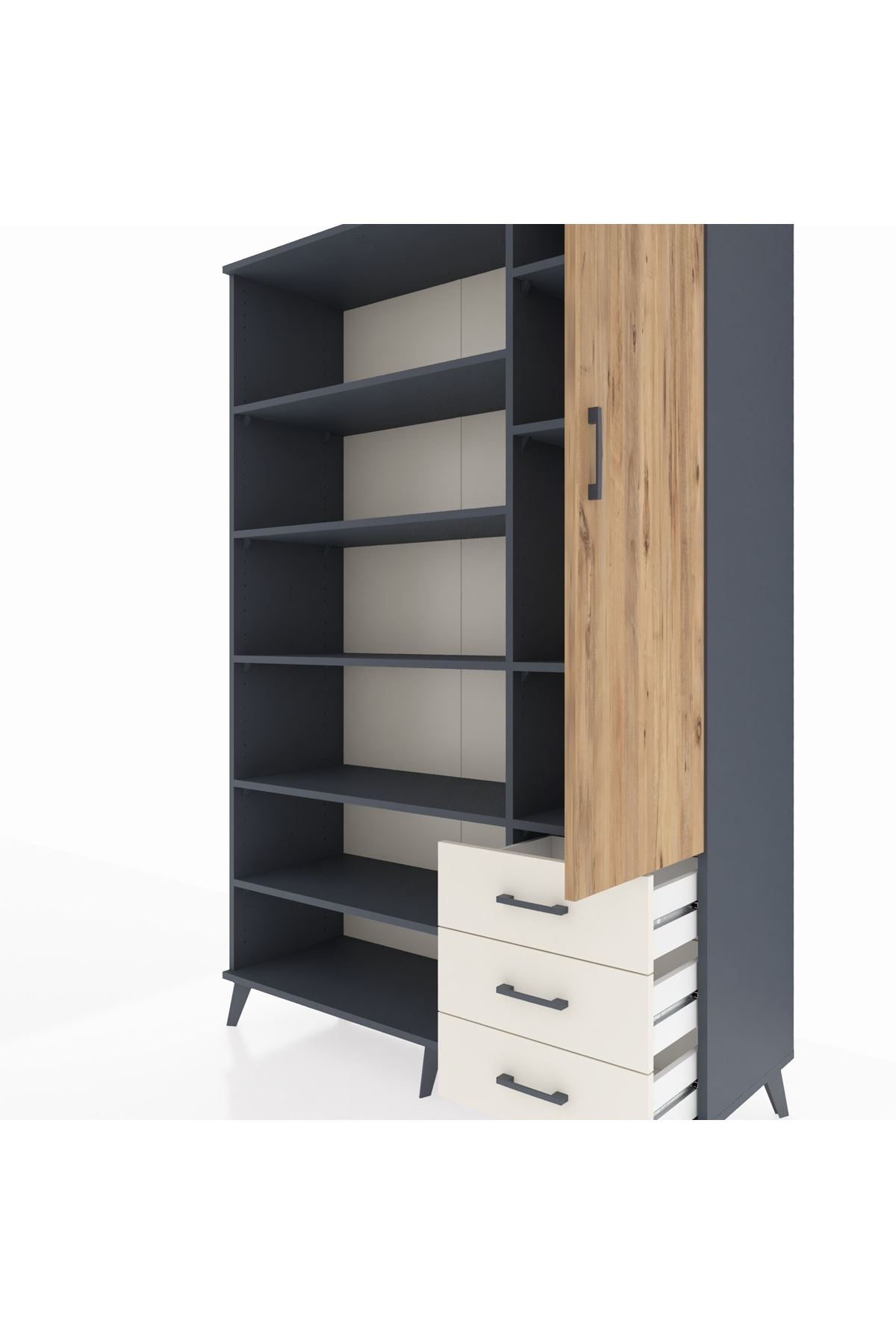 Hyperion Dolap 9 Raflı 3 Çekmeceli Tek Kapaklı  132x44x195 Antrasit-Çam/Aytaşı