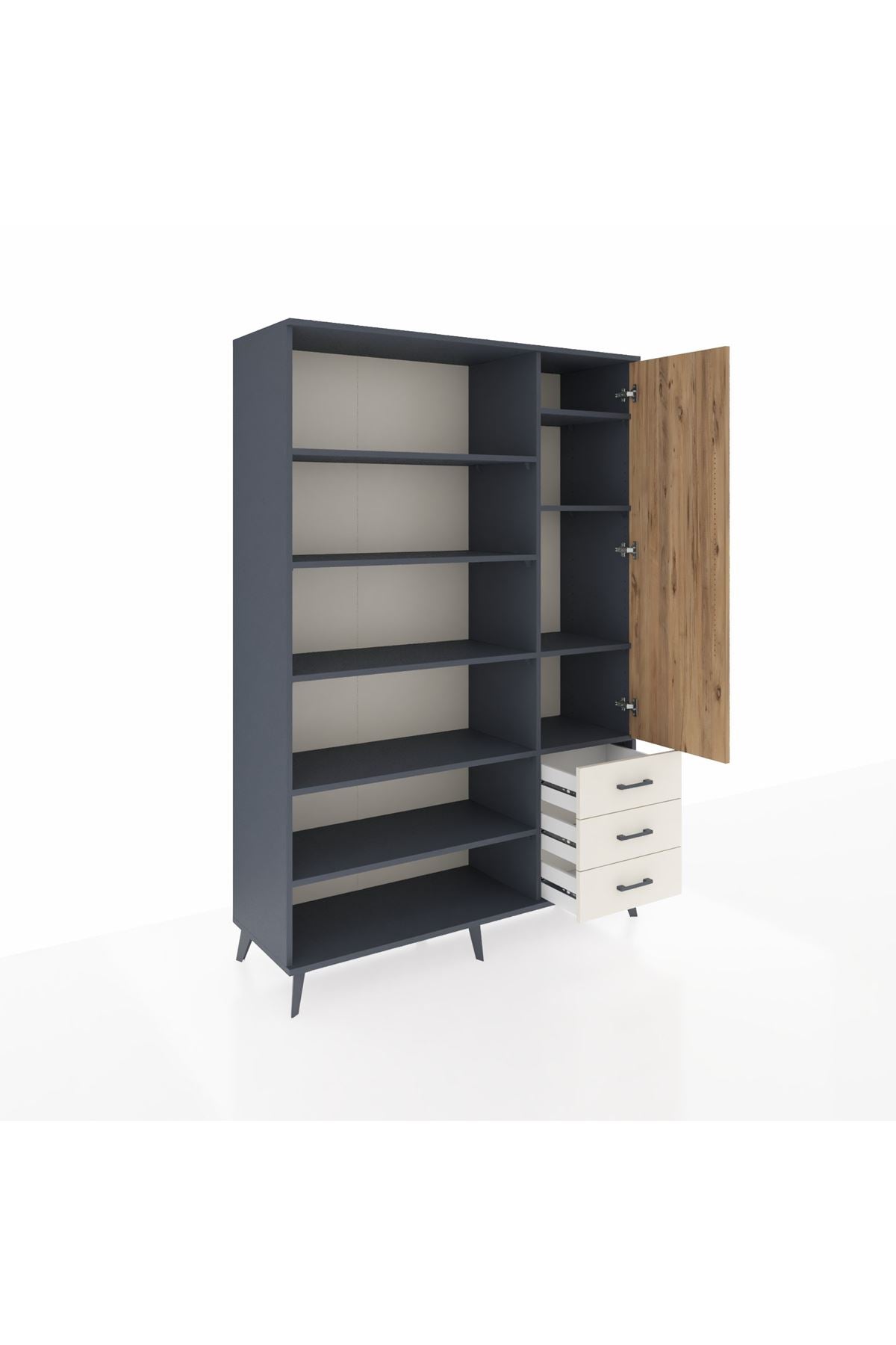 Hyperion Dolap 9 Raflı 3 Çekmeceli Tek Kapaklı  132x44x195 Antrasit-Çam/Aytaşı