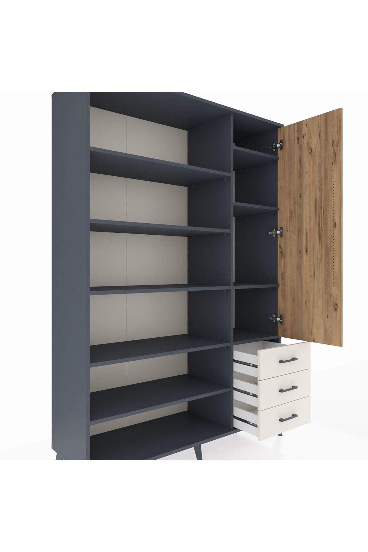 Hyperion Dolap 9 Raflı 3 Çekmeceli Tek Kapaklı  132x44x195 Antrasit-Çam/Aytaşı