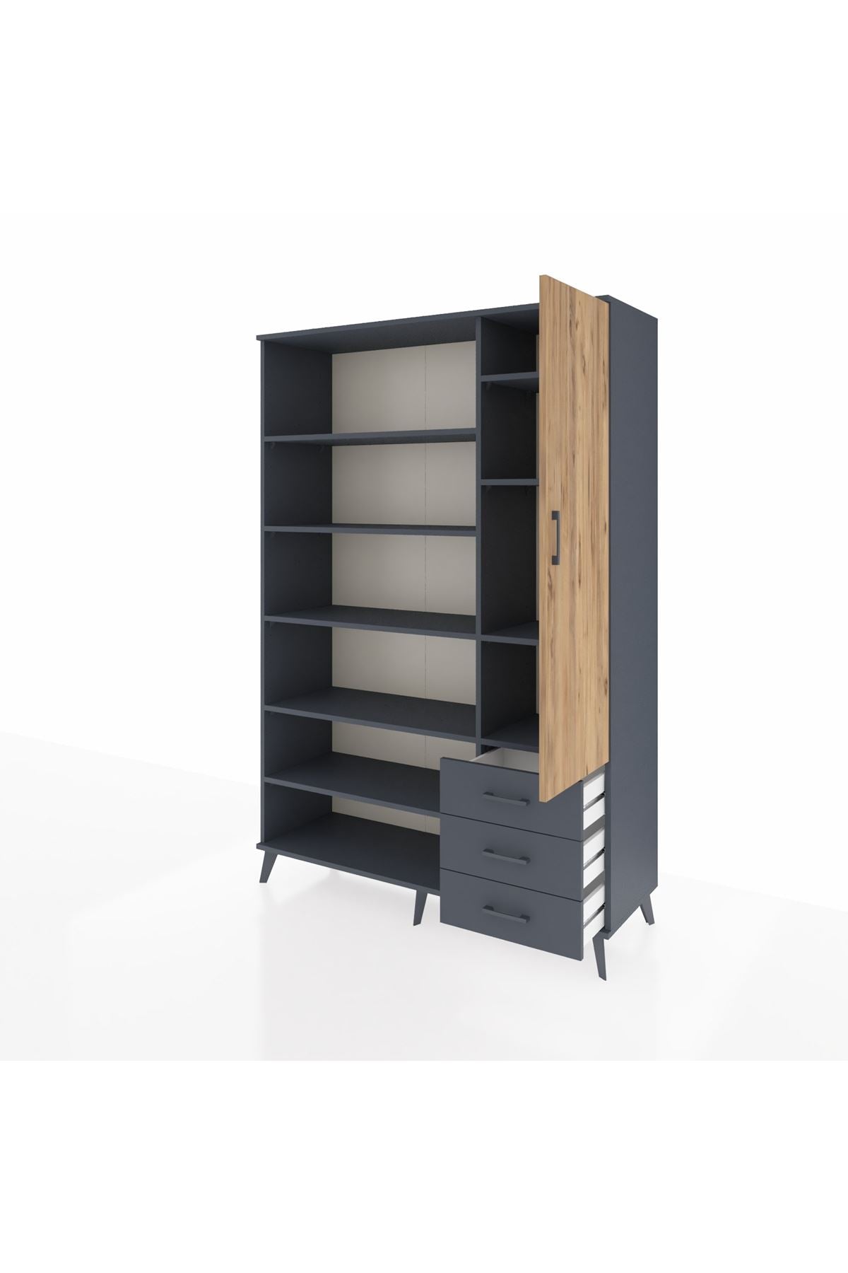 Hyperion Dolap 9 Raflı 3 Çekmeceli Tek Kapaklı  132x44x195 Antrasit-Çam/Antrasit